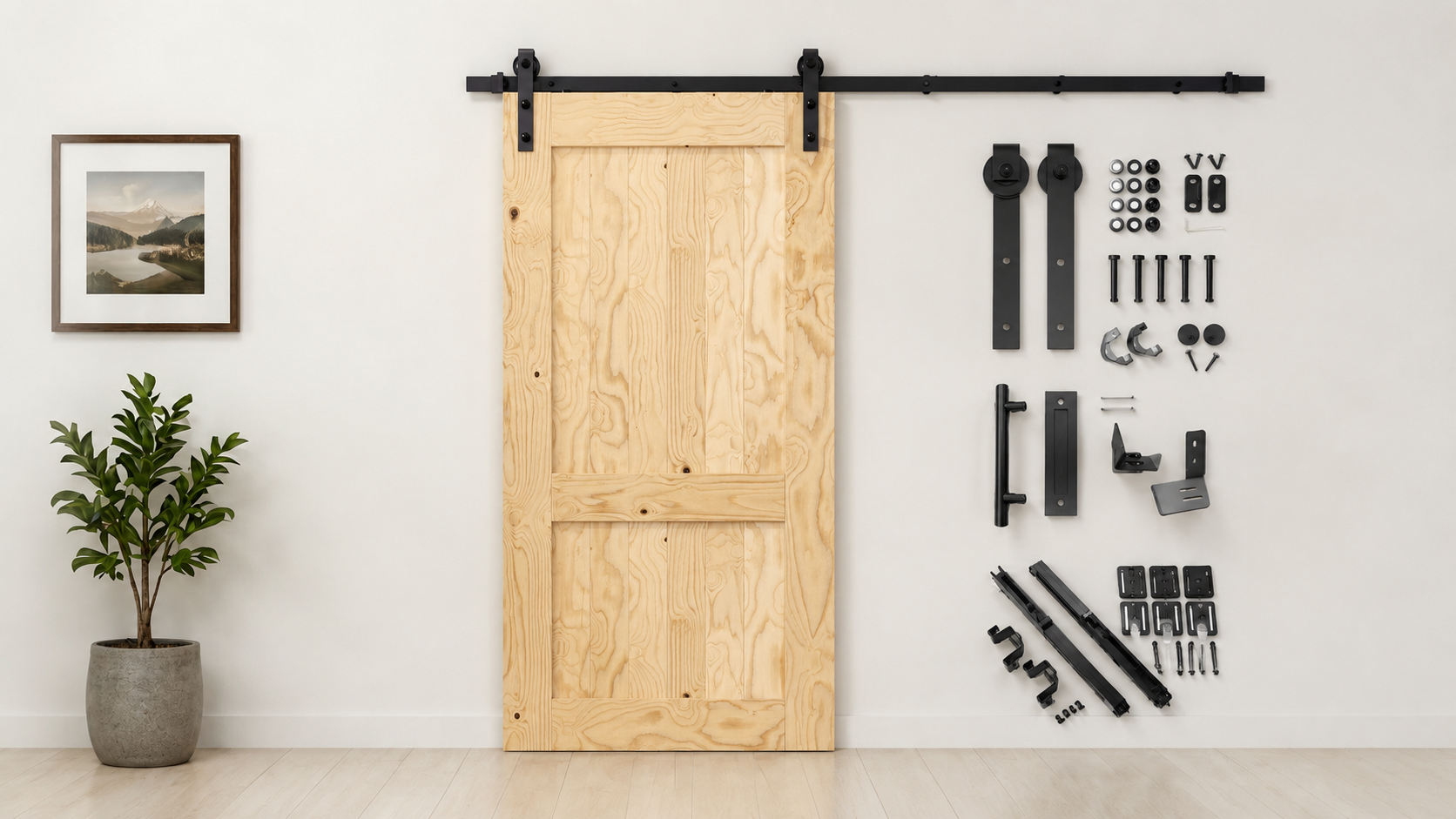 Barn door hardware kit with sliding track, wood barn door, rollers, brackets, handle, and mounting accessories