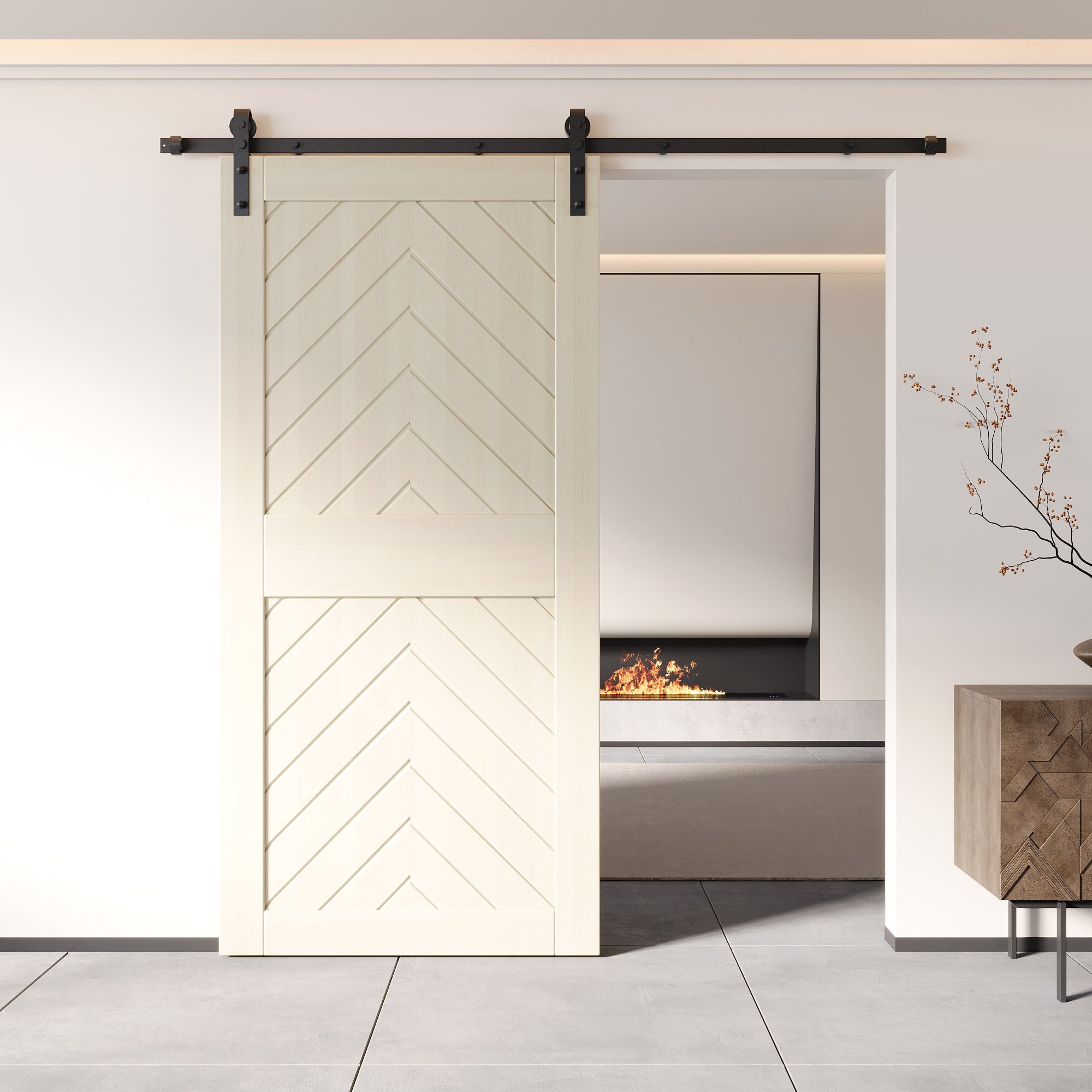 Alt text: Fishbone Design Sliding Barn Door – Modern Style Barn Door for Bathroom or Closet