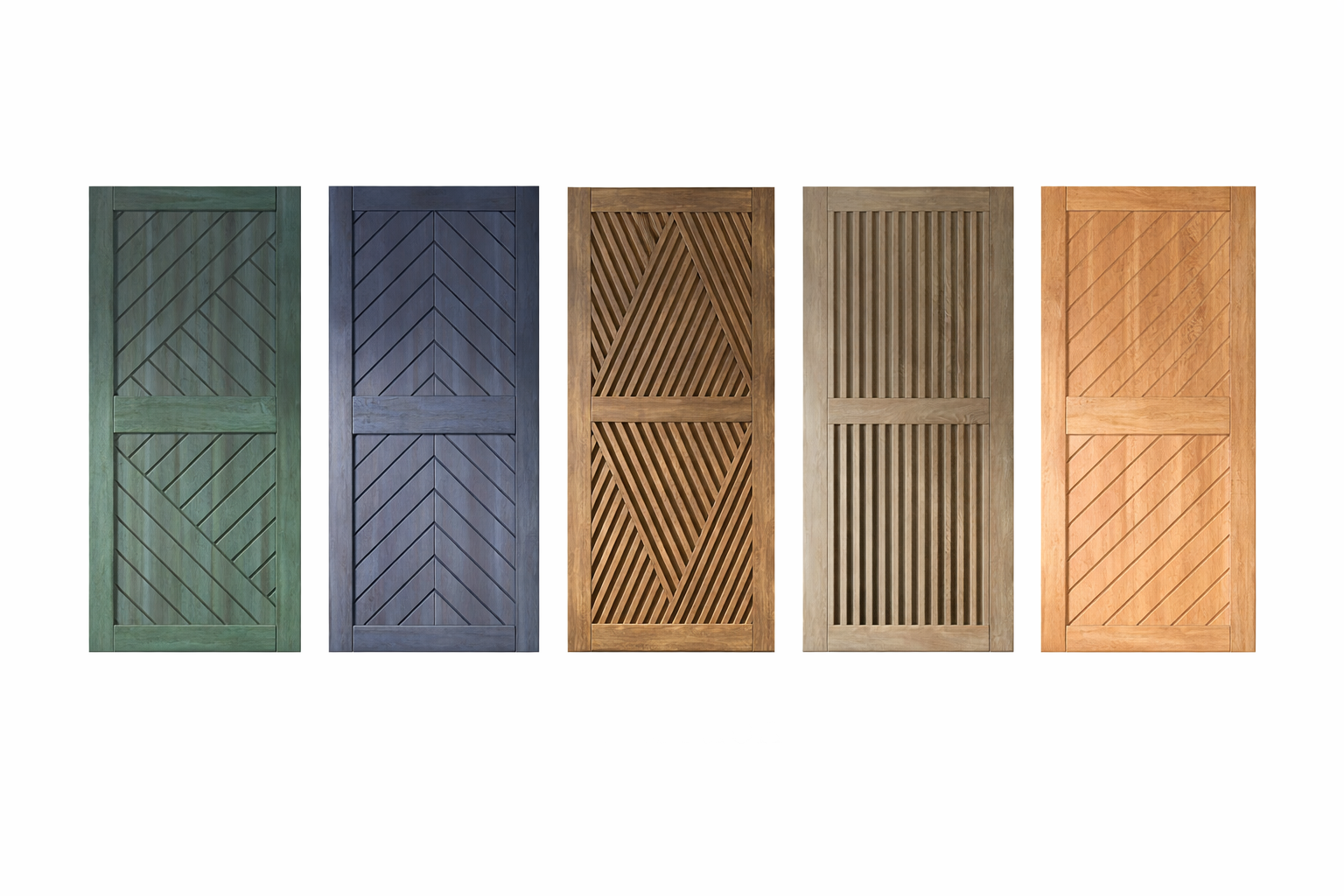 Five modern wood barn doors with geometric, fishbone, diamond, and vertical slat designs