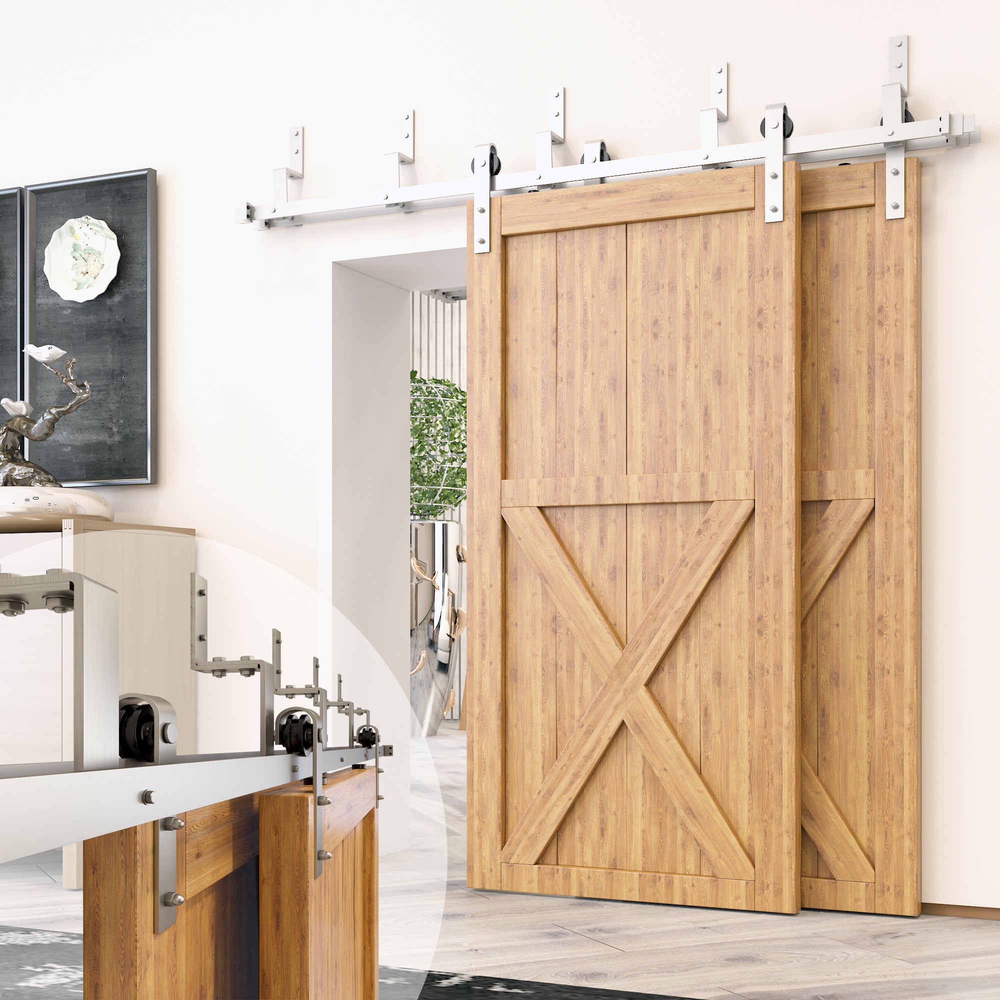 Brushed Nickel Double Track Z-Shape Bypass Sliding Barn Door Hardware Kit