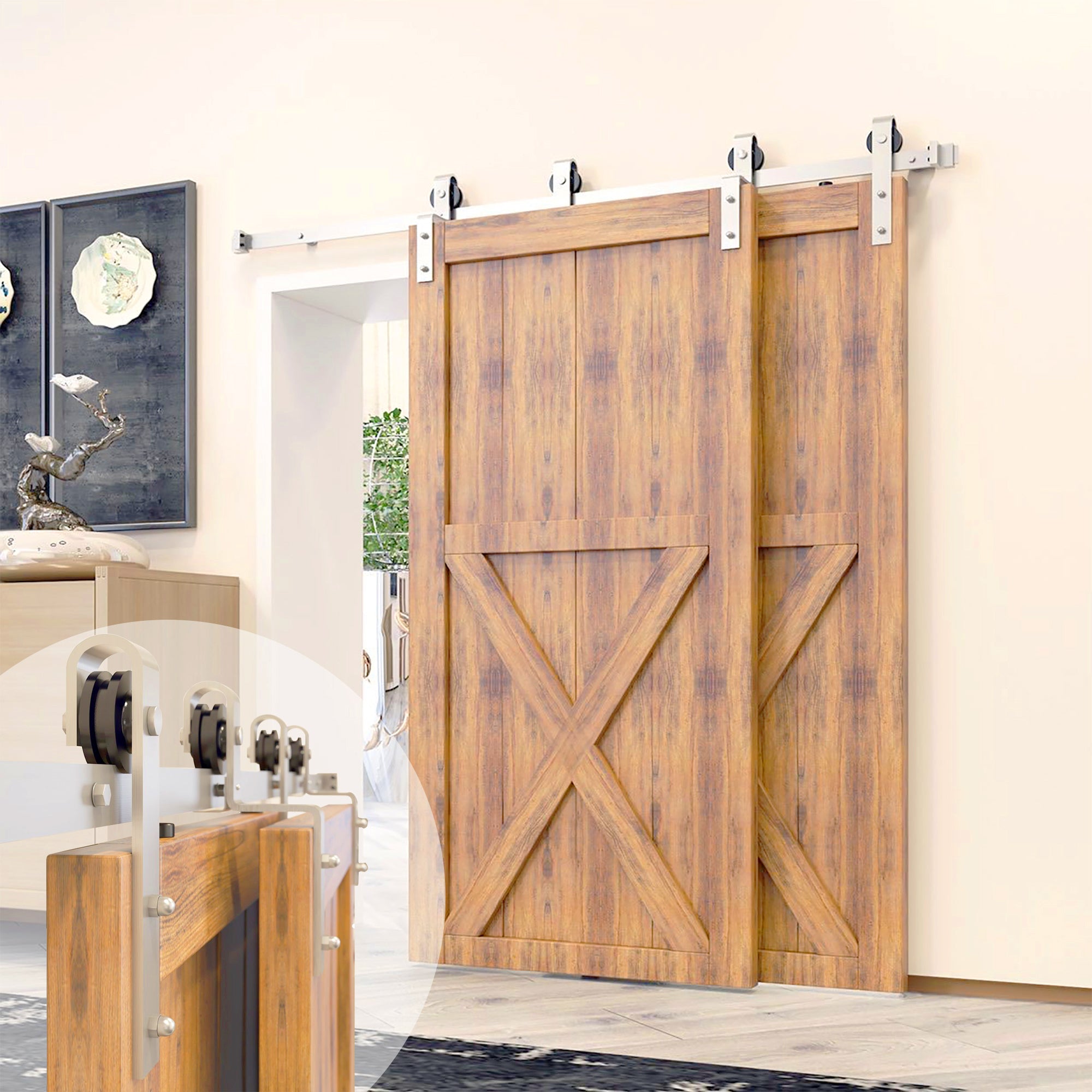 Brushed Nickel Single Track Bypass Sliding Barn Door Hardware Kit