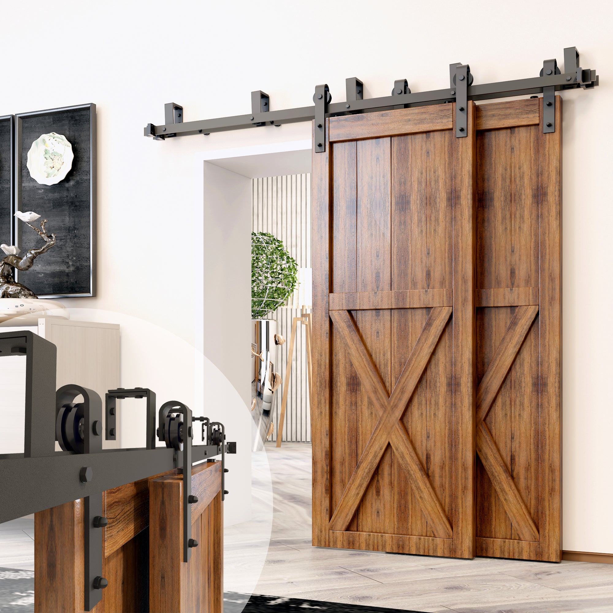 Black Rustic Double Track U-Shape Bypass Sliding Barn Door Hardware Kit