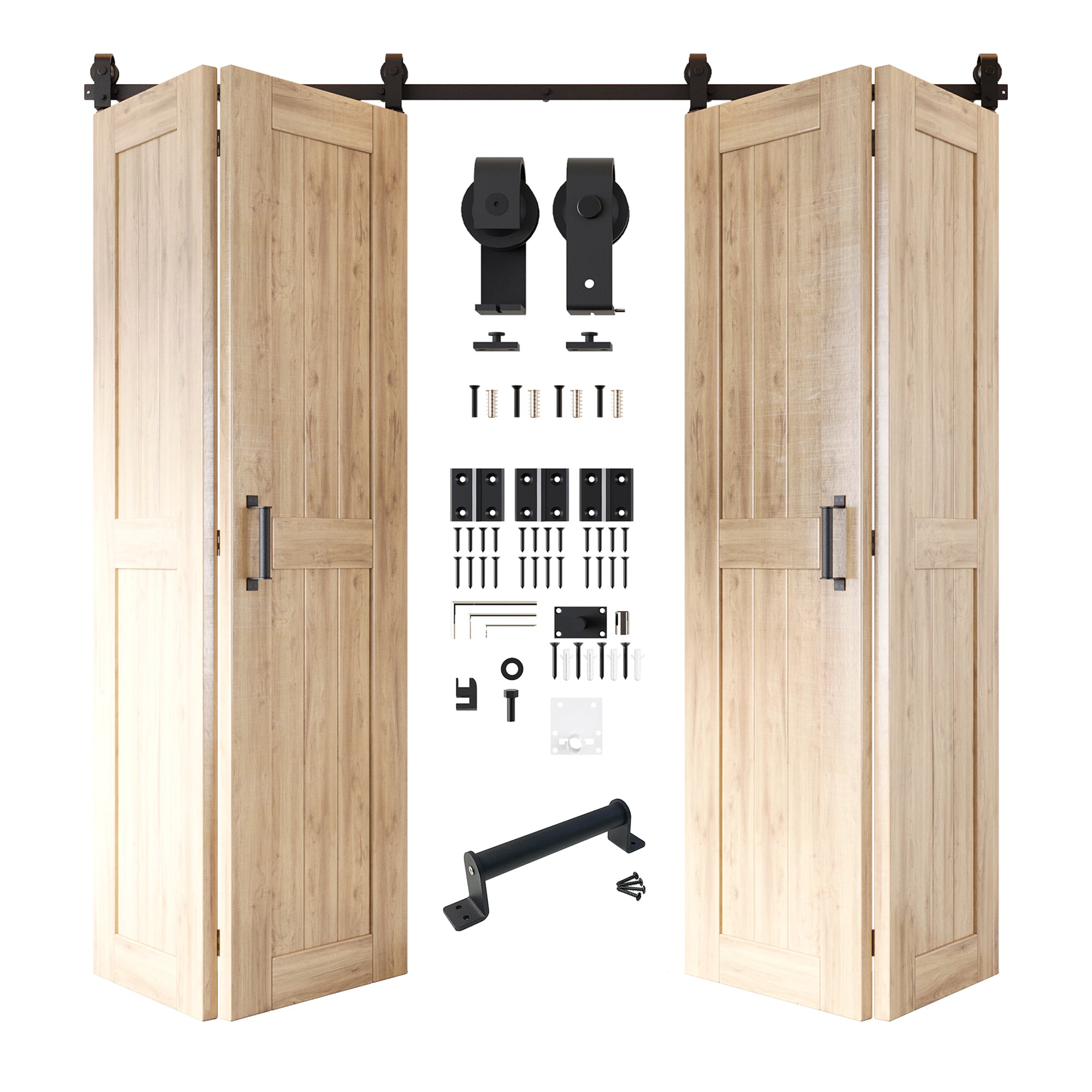 5-in-1 84in Unassembled & Unfinished Barn Door with Bi-Fold Top Mount Hardware 4 Door Kit - T-shape Roller