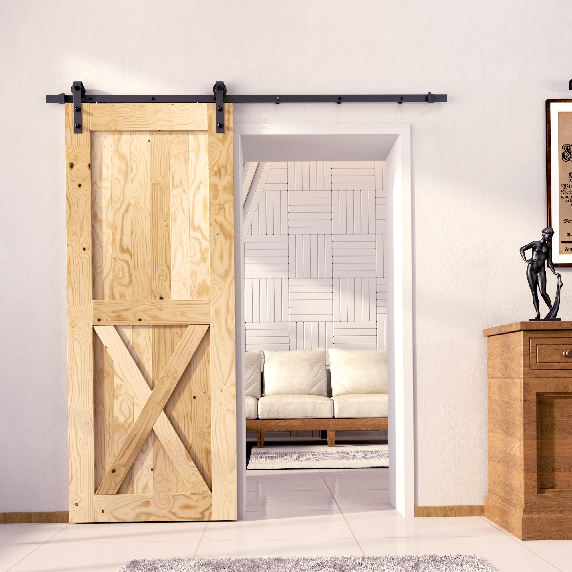 black modern barn door hardware with unfinished interior barn door
