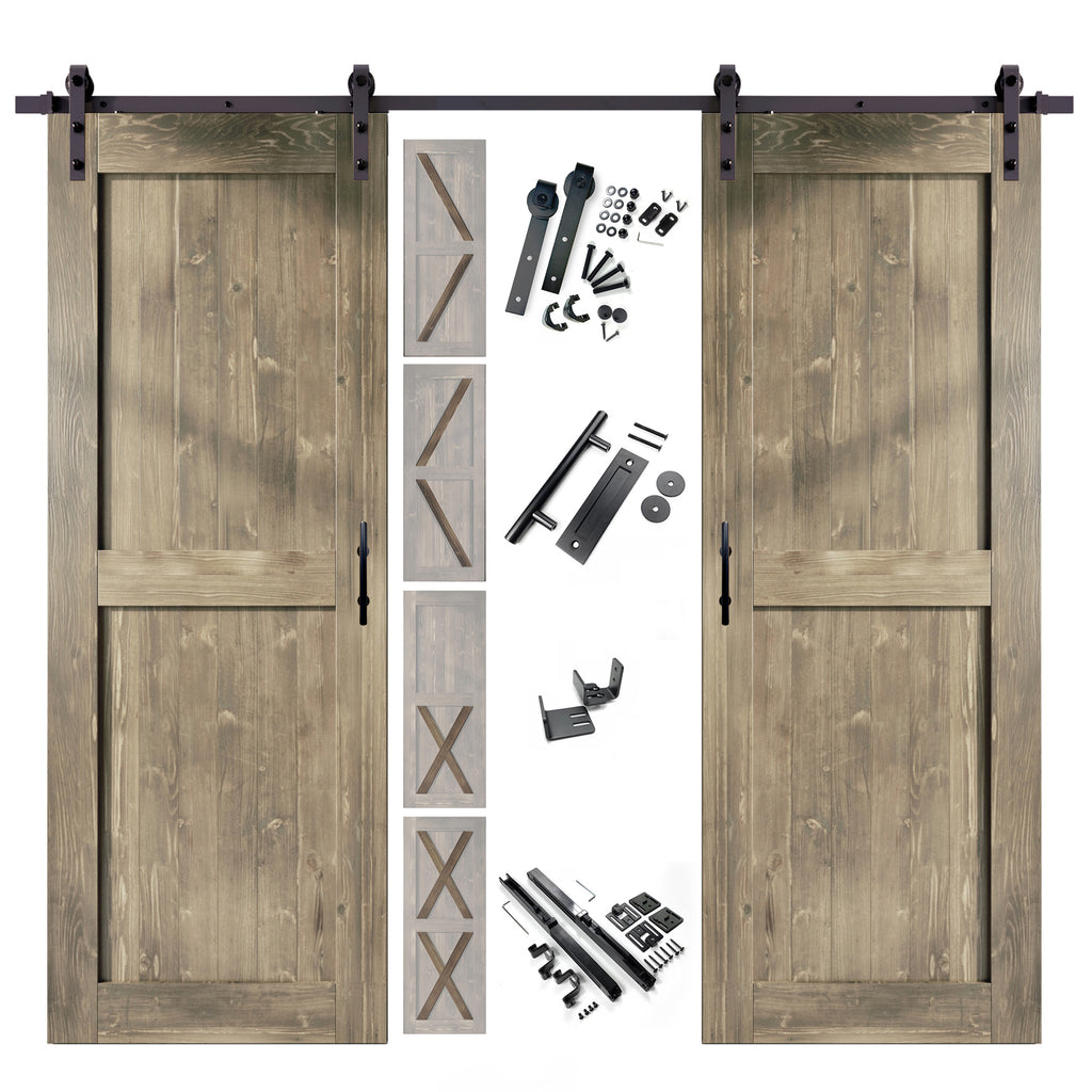 84" Height Finished & Unassembled Double Barn Door with Non-Bypass Installation Hardware Kit (5-in1 Design)