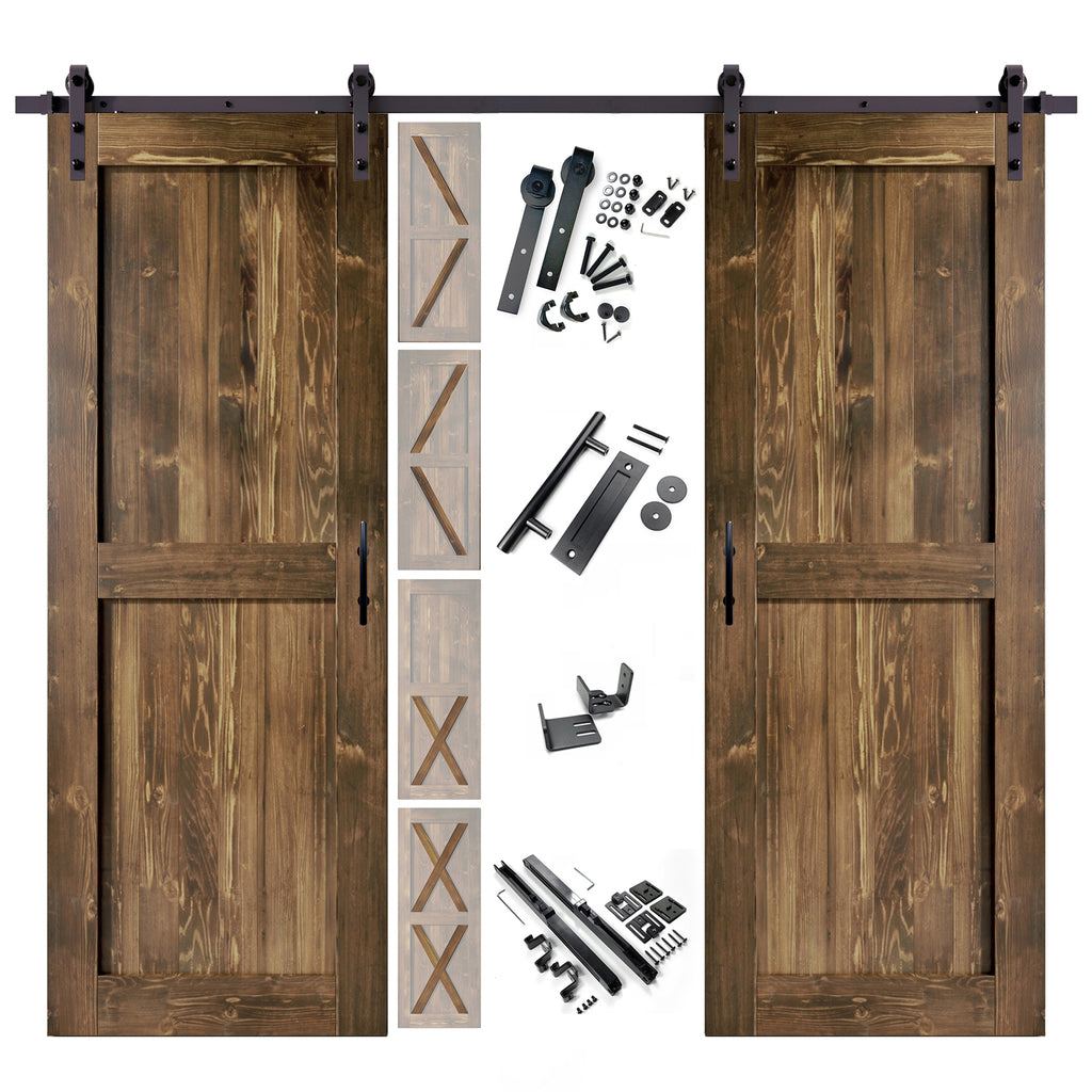 84" Height Finished & Unassembled Double Barn Door with Non-Bypass Installation Hardware Kit (5-in1 Design)