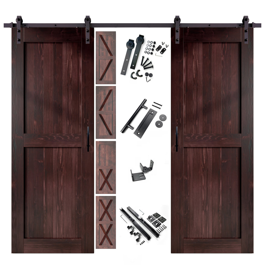 84" Height Finished & Unassembled Double Barn Door with Non-Bypass Installation Hardware Kit (5-in1 Design)
