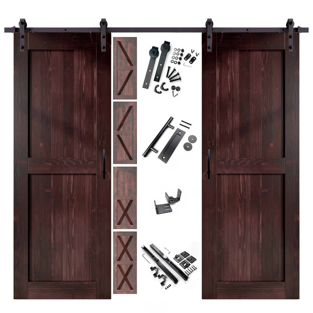 80" Height Finished & Unassembled Double Barn Door with Non-Bypass Installation Hardware Kit (5-in1 Design)