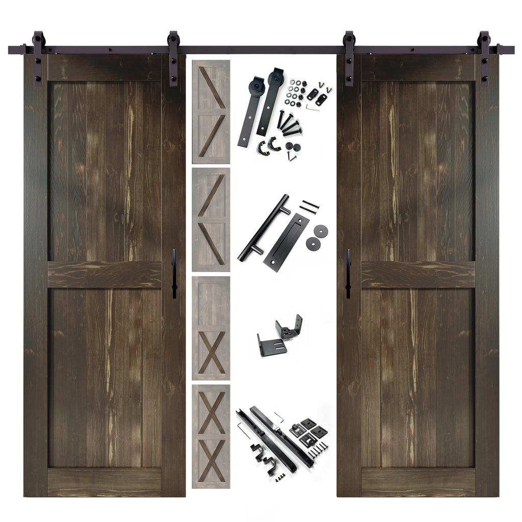 80" Height Finished & Unassembled Double Barn Door with Non-Bypass Installation Hardware Kit (5-in1 Design)