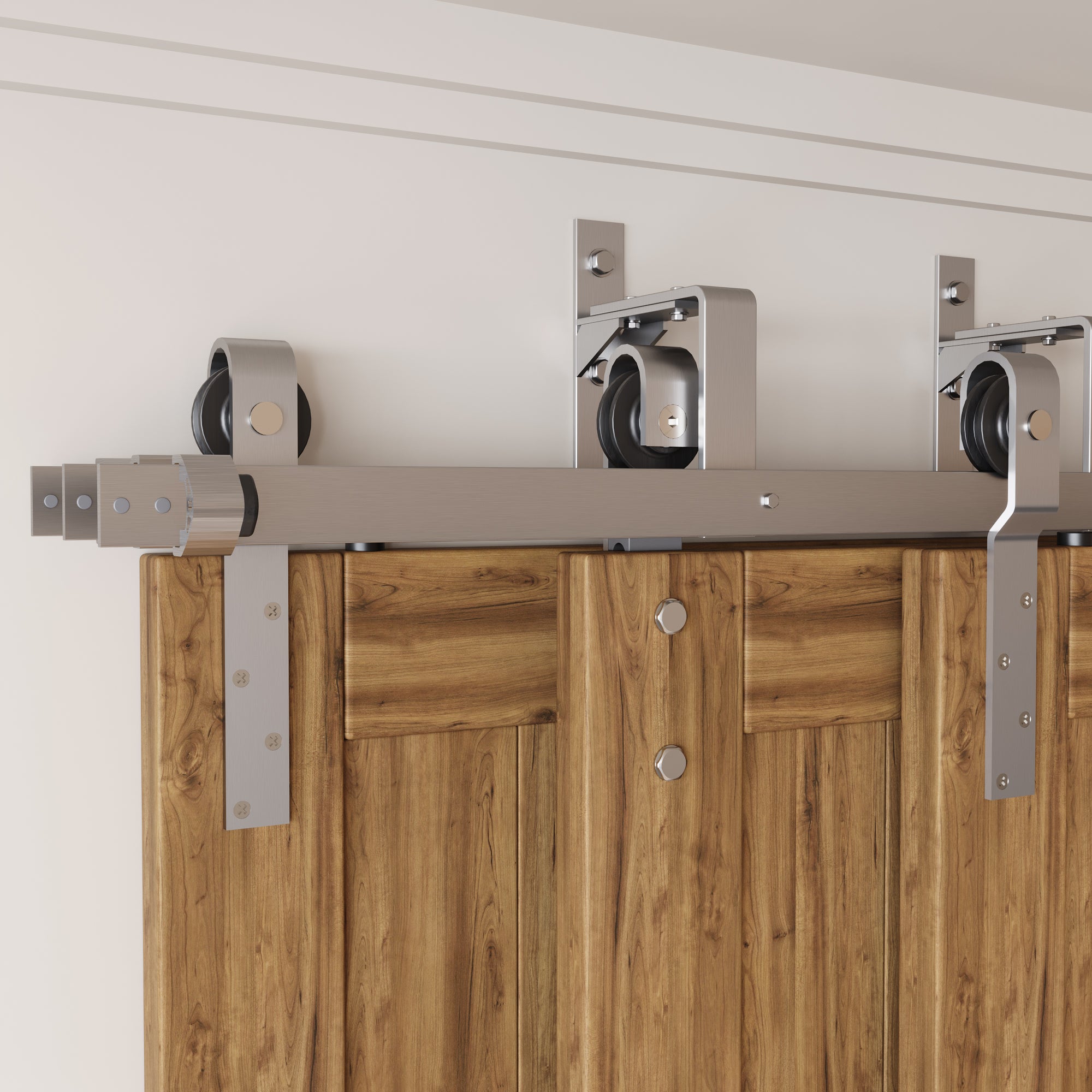 brushed nickel triple track bypass sliding barn door hardware kit