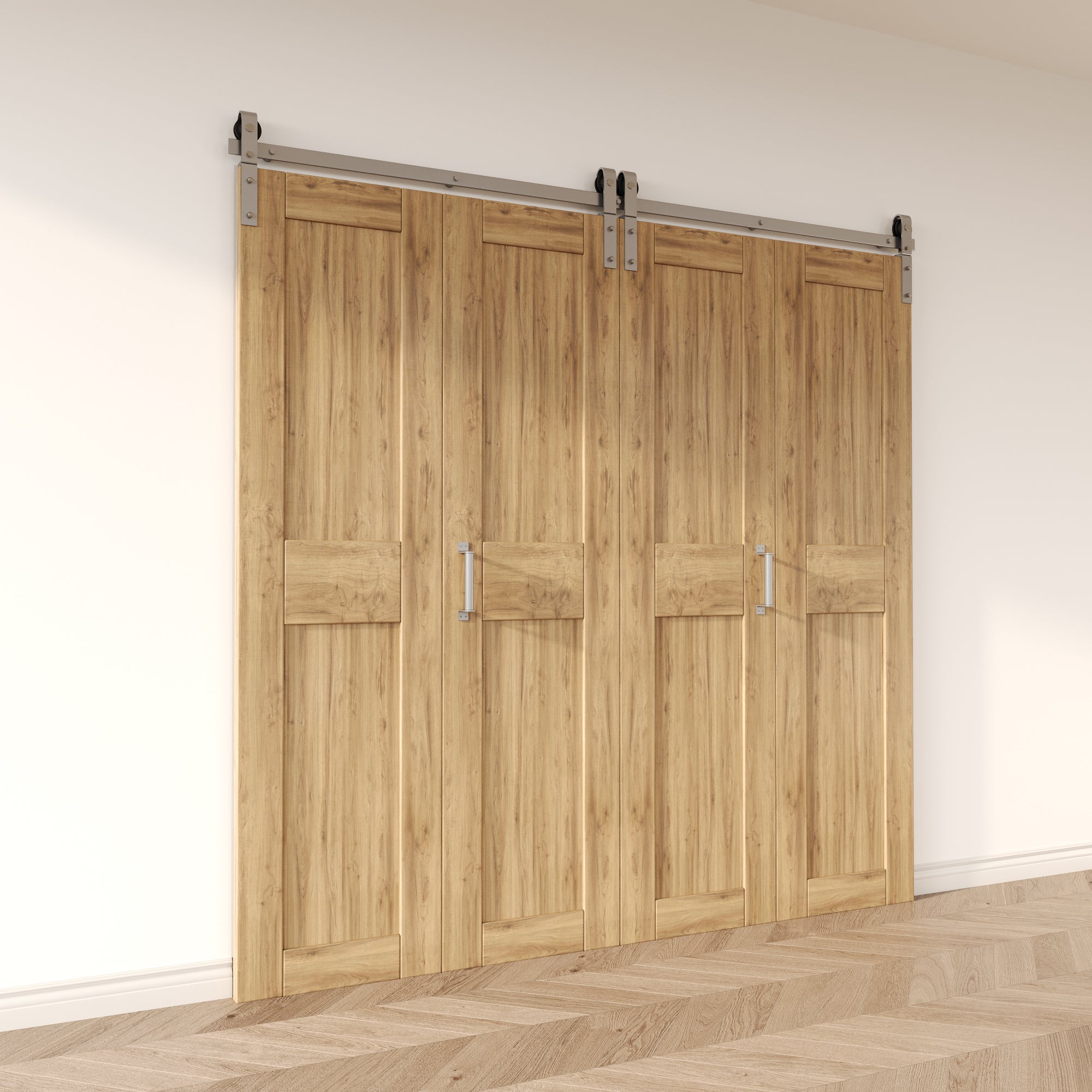 Brushed Nickel Bi-Folding Sliding Barn Door Hardware Front Mount Four Doors Kit - Classic Design Roller (Doors Not Included)
