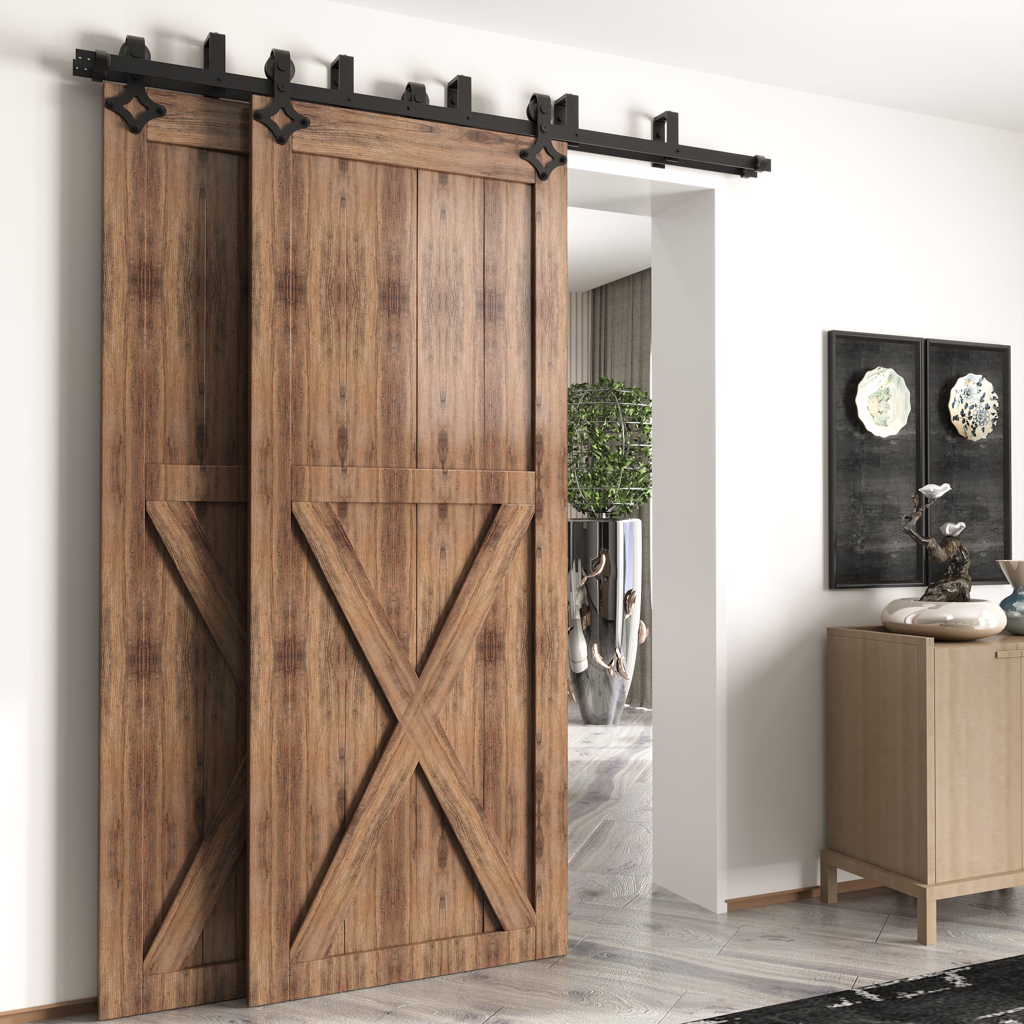Double Track U-Shape Bypass Sliding Barn Door Hardware Kit - Diamond Design Roller