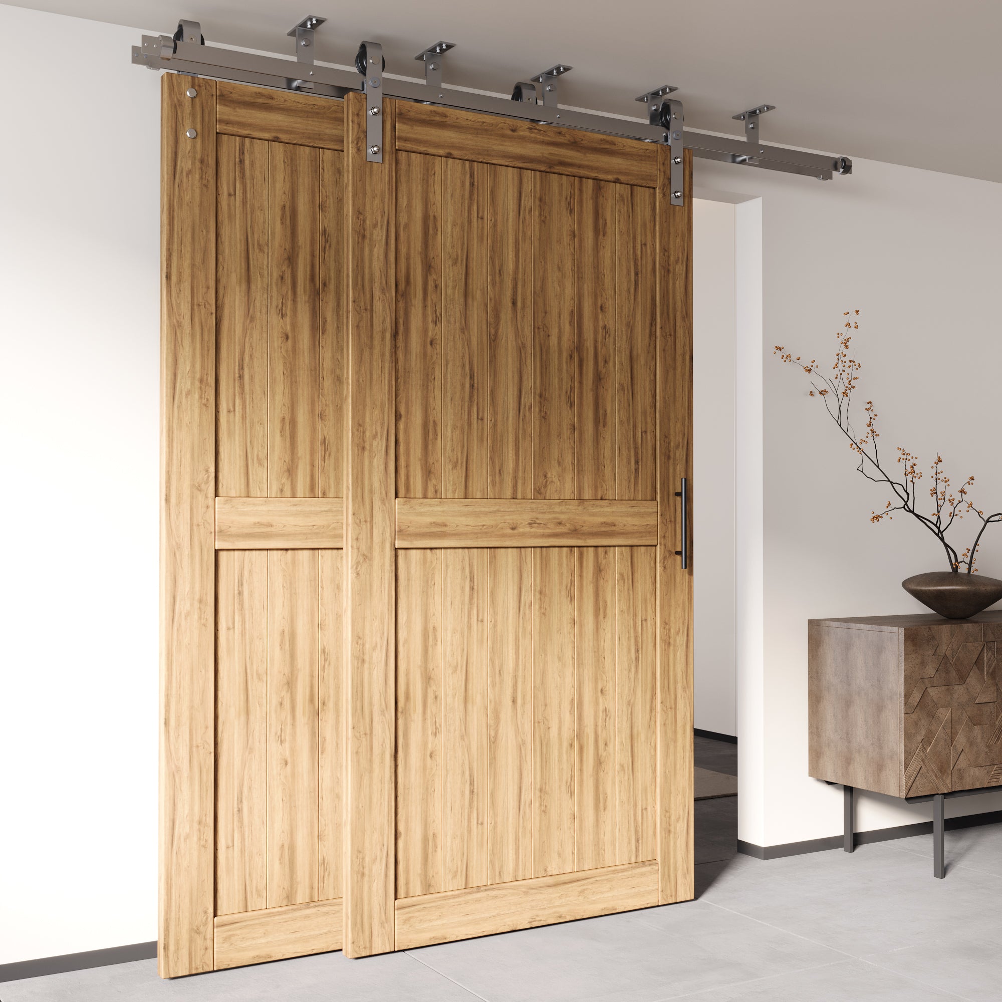 brushed nickel finish ceiling mount barn door hardware double track bypass hardware kit
