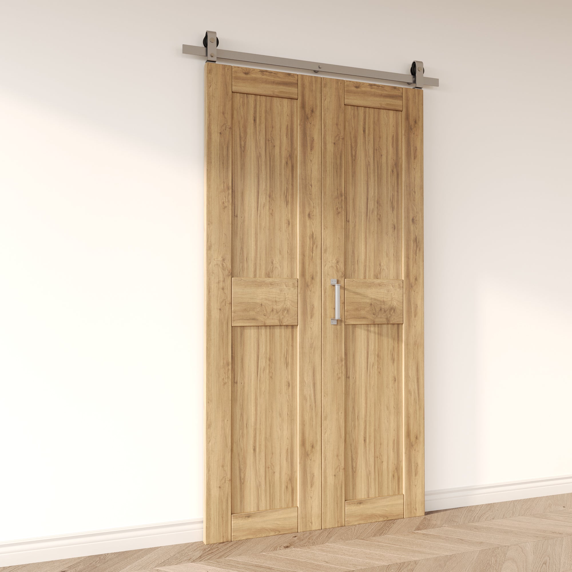 Brushed Nickel Bi-Folding Sliding Barn Door Hardware Top Mount Two Doors Kit - T-Shape Design Roller (Doors Not Included)