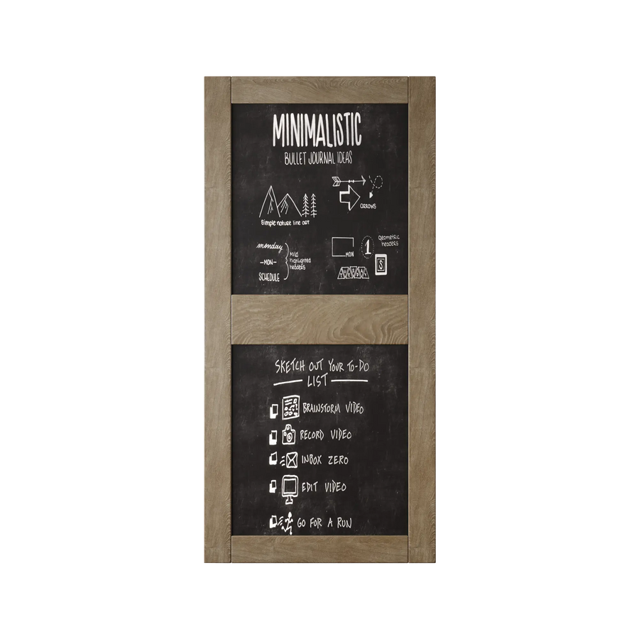Pine barn door with two chalkboard panels for notes and drawings