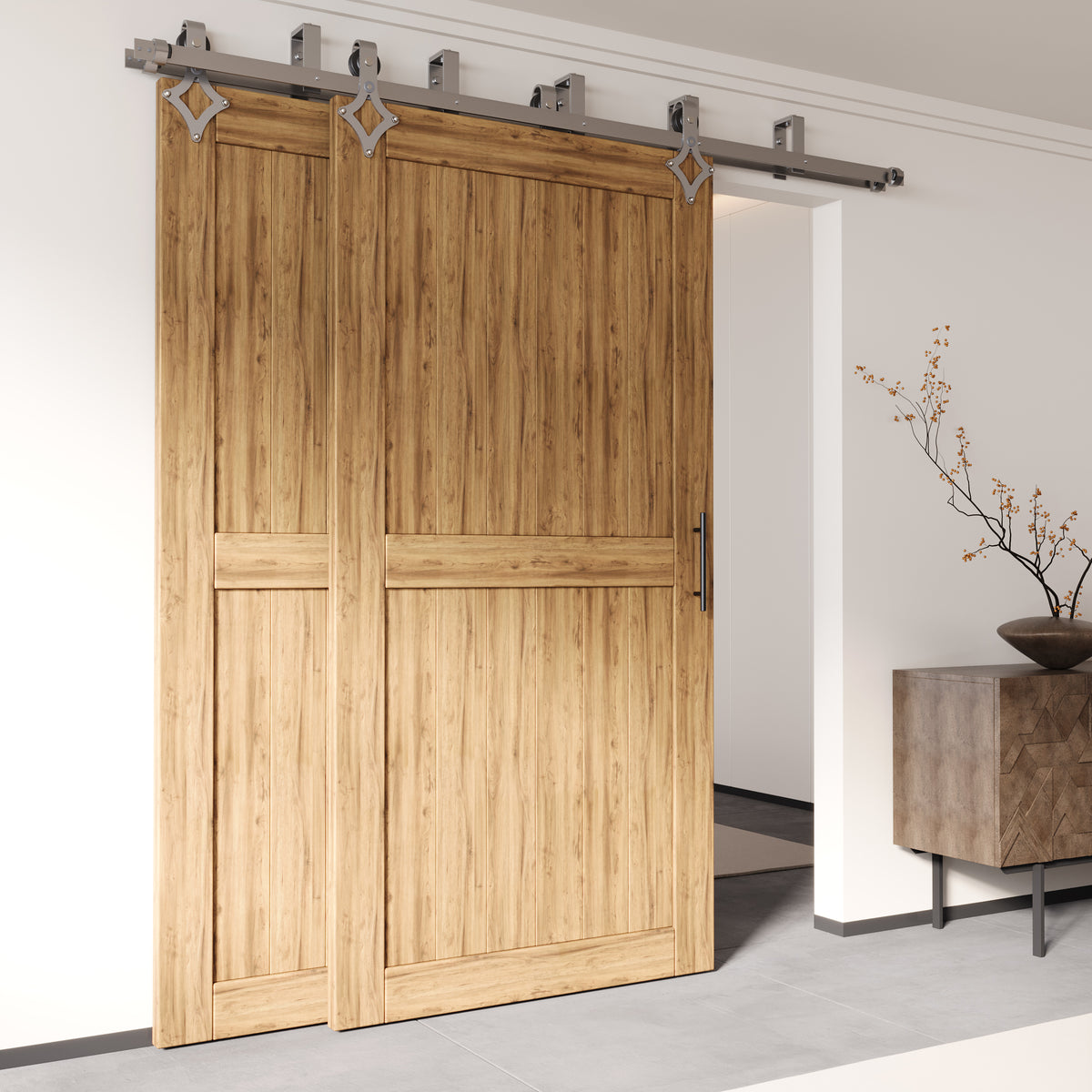 Double Track Bypass Barn Door Hardware Kit -  U-Shape , Brushed Nickel , Diamond Design Roller | Homacer