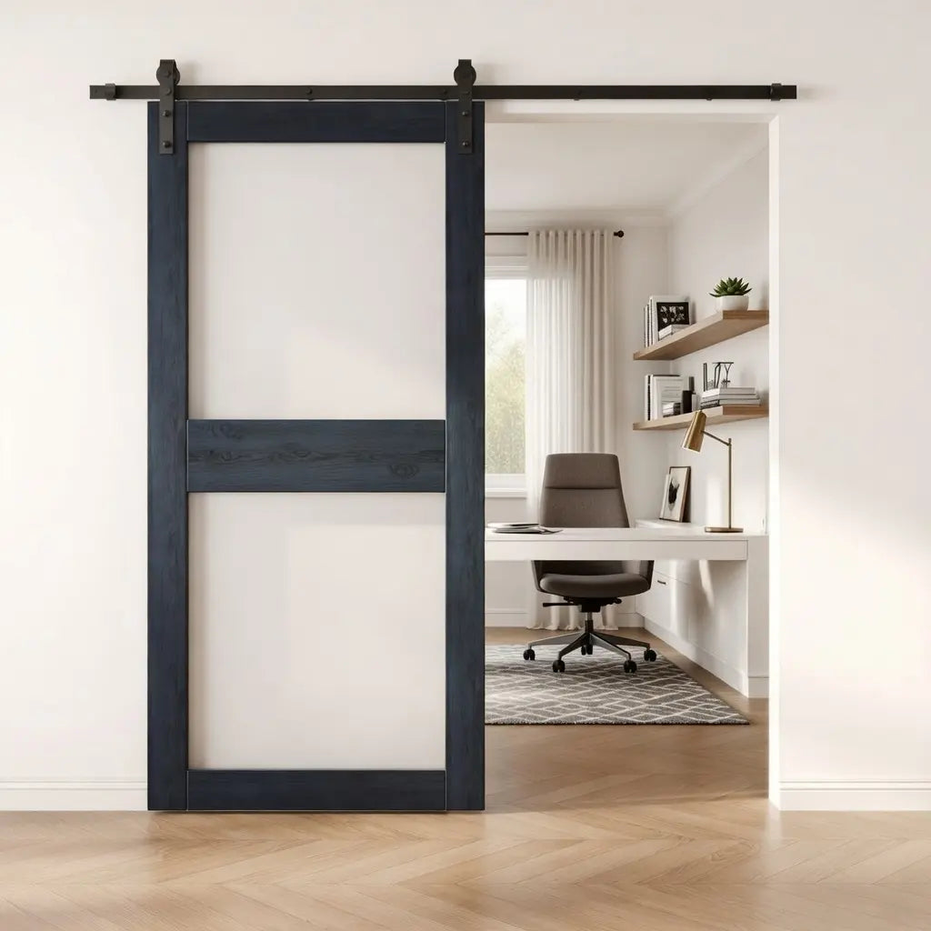 blue framed glass barn door combo kit with frosted glass panels and sliding hardware