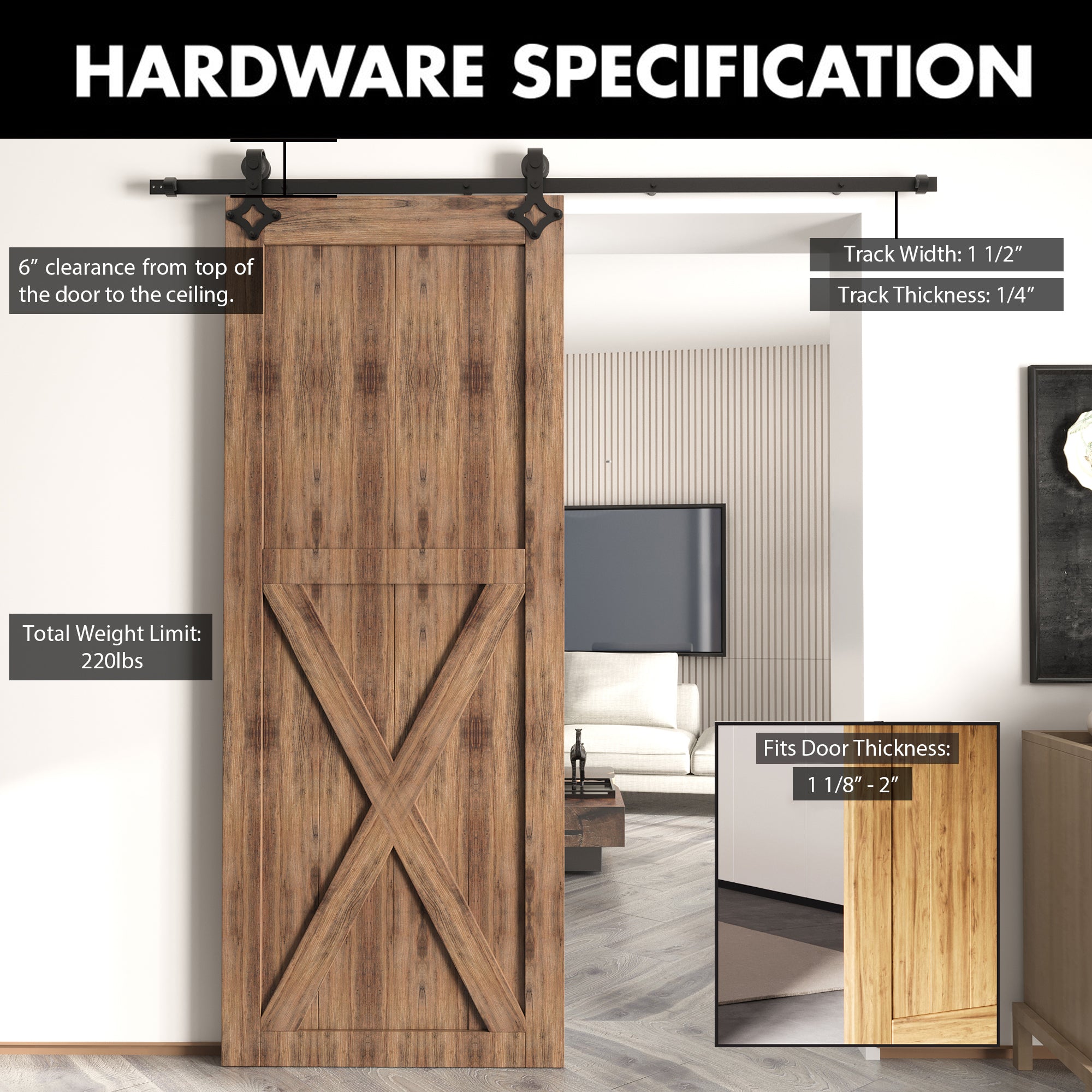 Non-Bypass Sliding Barn Door Hardware Kit - Diamond Design Roller