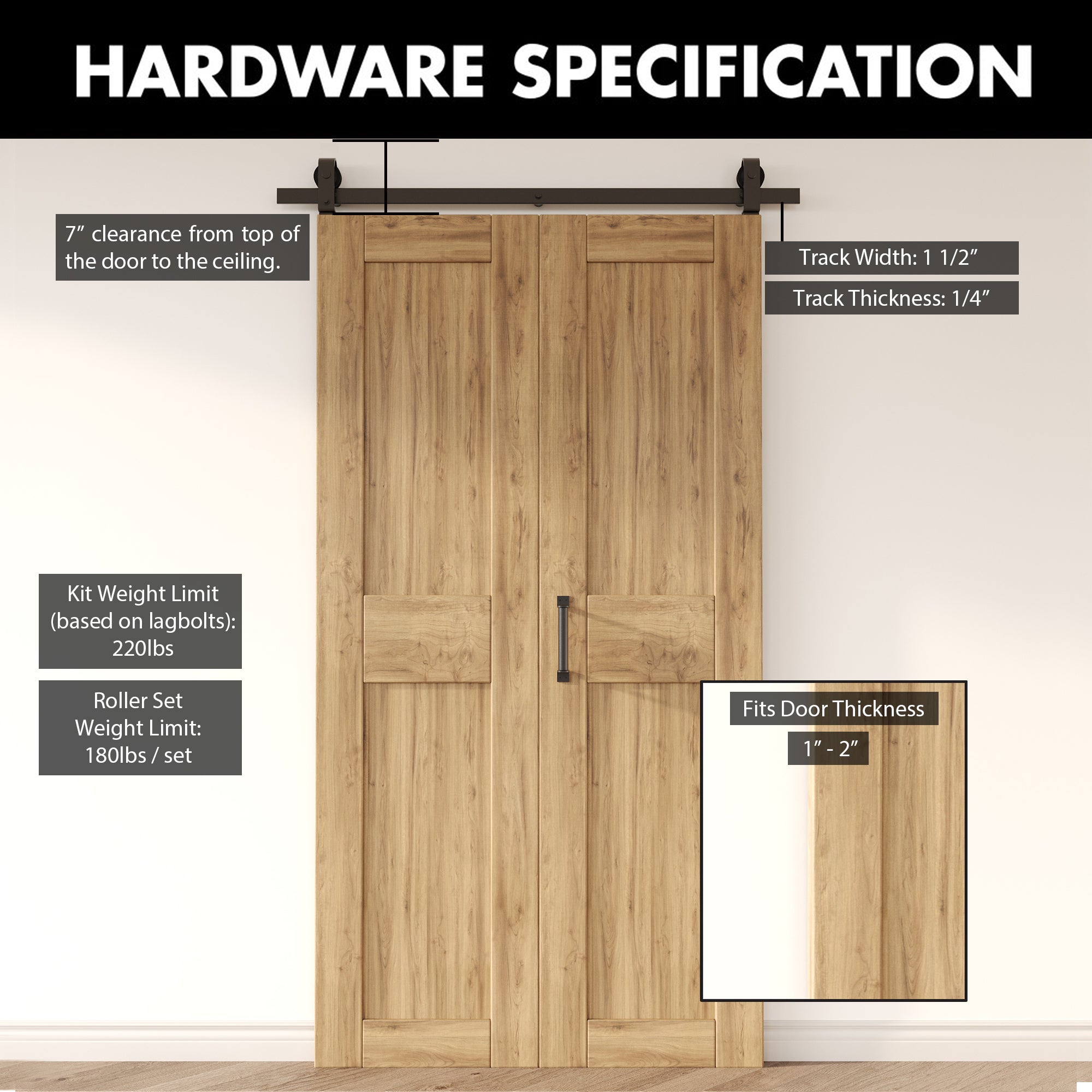 Bi-Folding Sliding Barn Door Hardware Top Mount Two Doors Kit - T-shape Design Roller (Doors Not Included)
