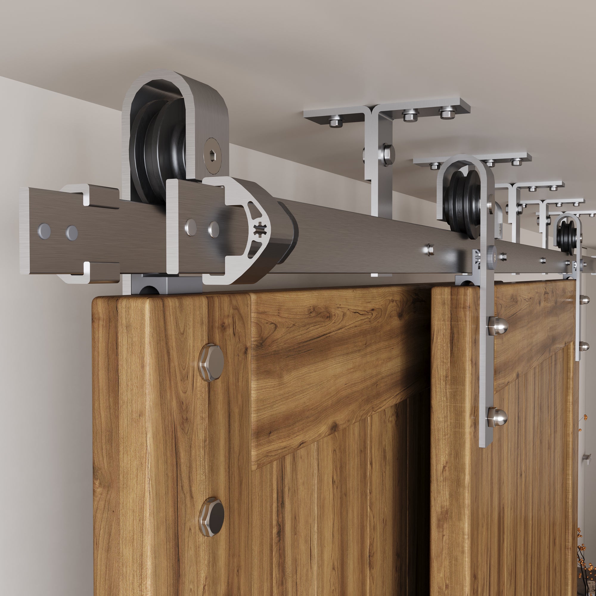 side view of the brushed nickel ceiling mount double track bypass sliding barn door hardware kit