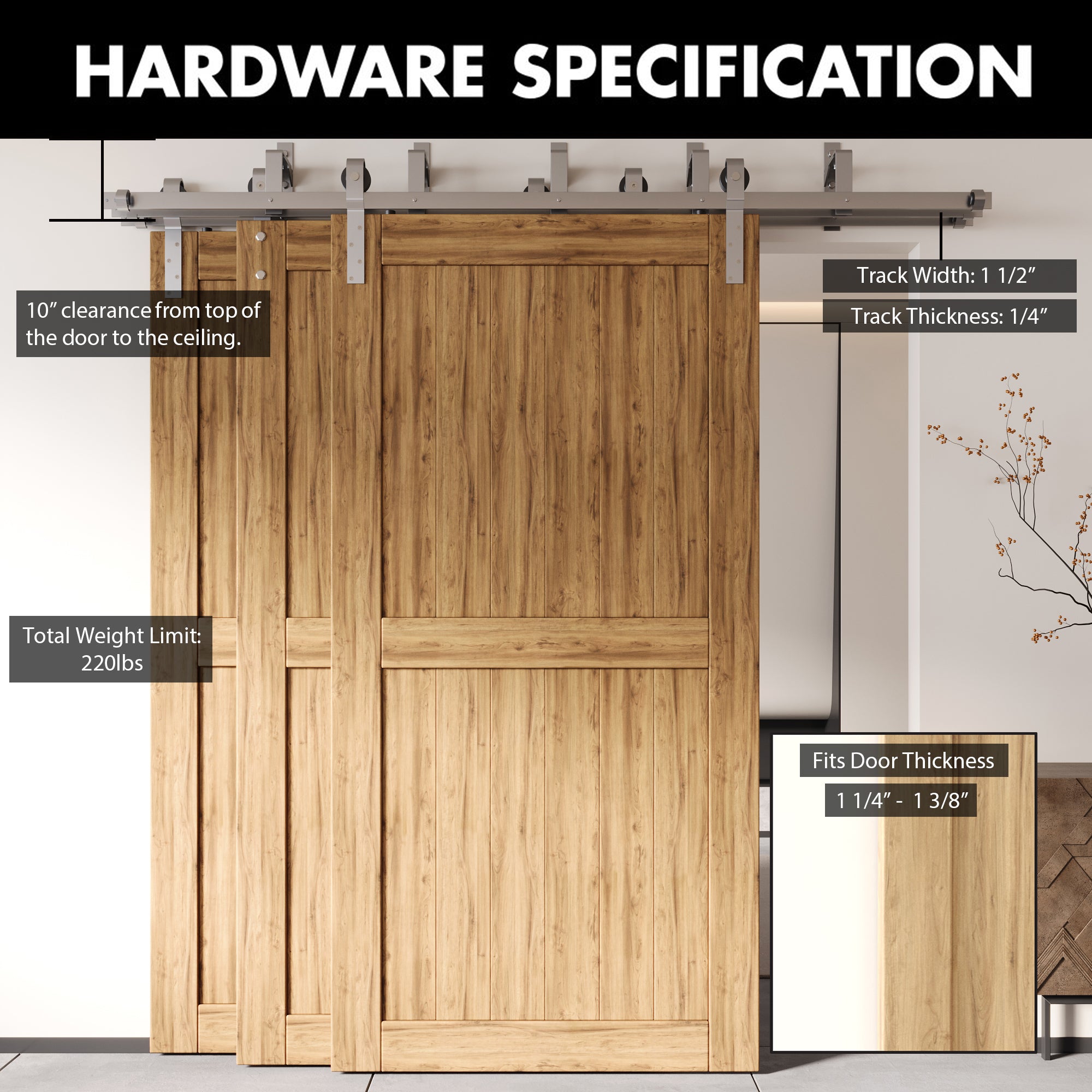 hardware specification for the brushed nickel triple track bypass hardware kit for three doors