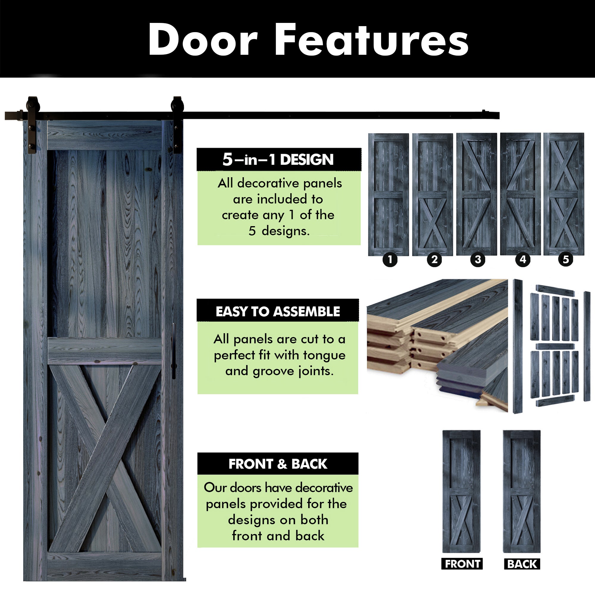 Homacer navy easy to install sliding barn door 5 in 1 design
