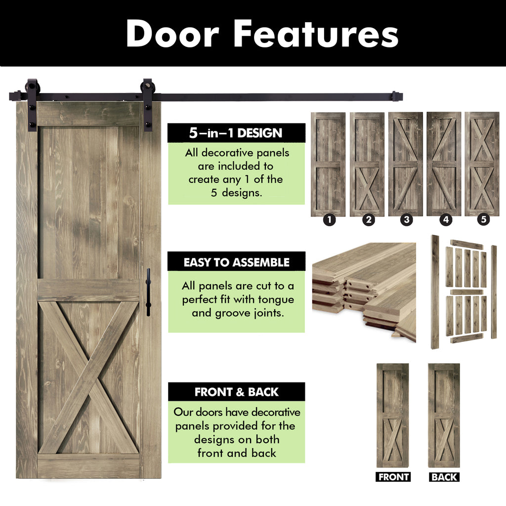 80" Height Finished & Unassembled Double Barn Door with Non-Bypass Installation Hardware Kit (5-in-1 Design)