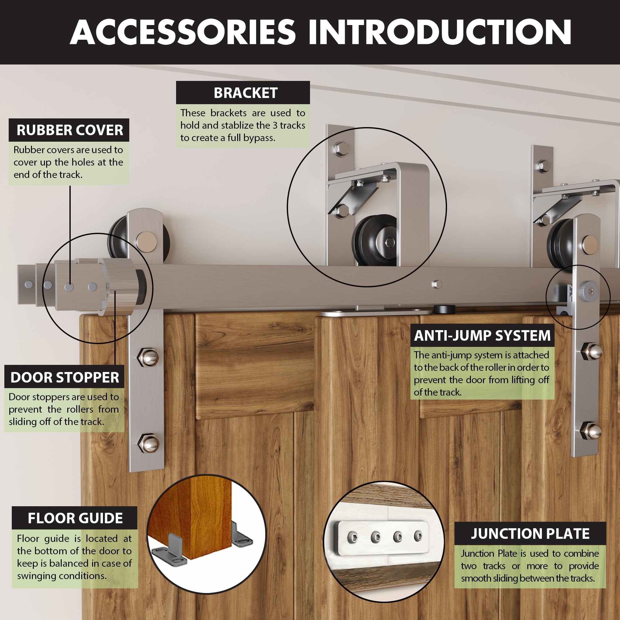 Brushed Nickel Triple Track Bypass Sliding Barn Door Hardware Kit - Straight Design (for Door Thickness 1-3/8in ~ 1-3/4in)