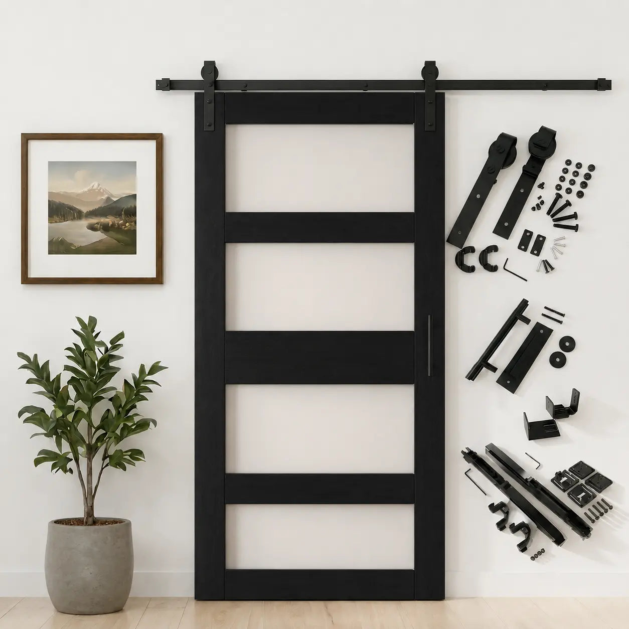 Frosted glass barn door with sliding track, rollers, handle, and installation accessories