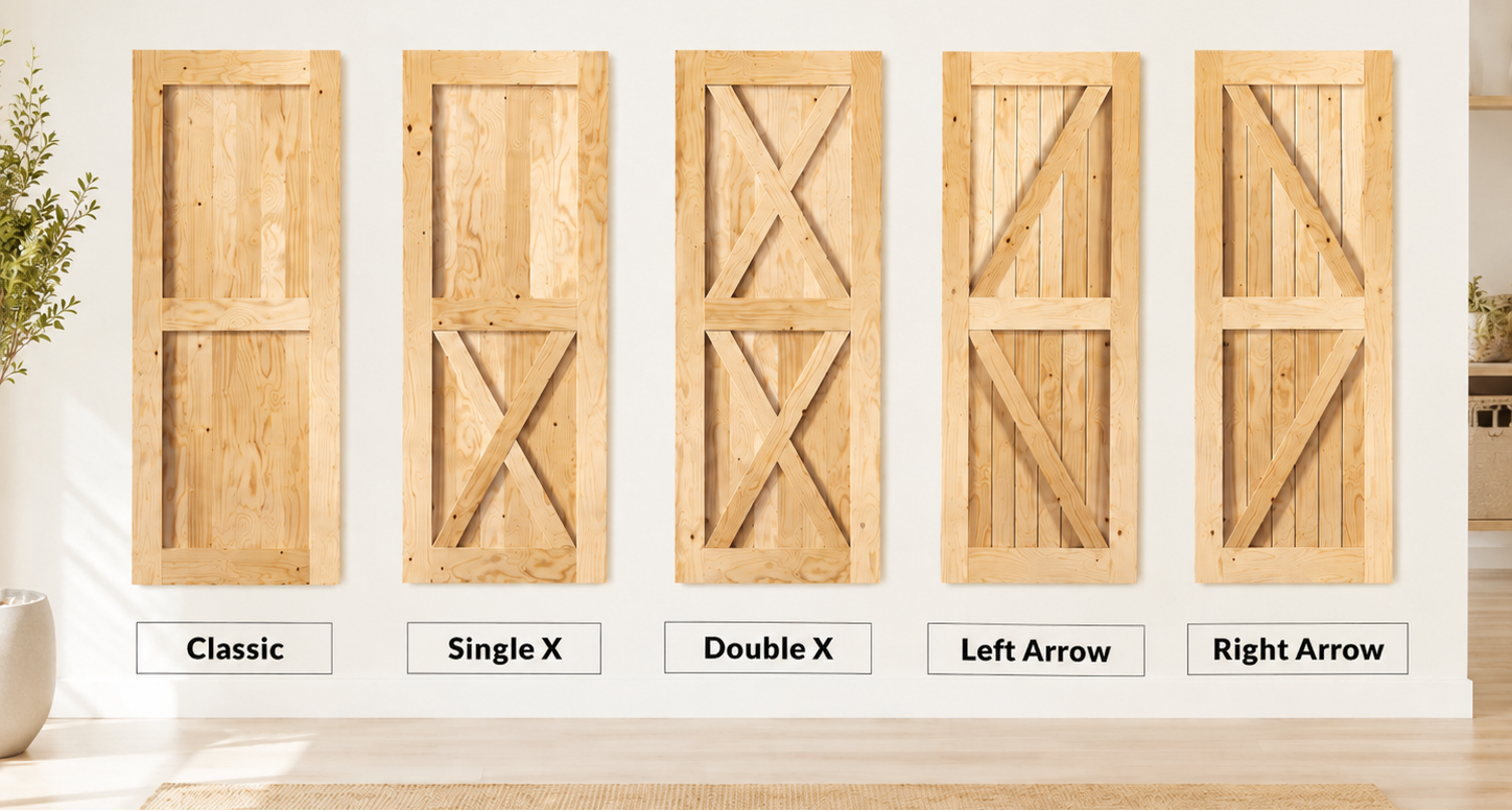 5-in-1 unfinished pine classic barn door slab with Classic, Single X, Double X, Left Arrow, and Right Arrow patterns_Homacer