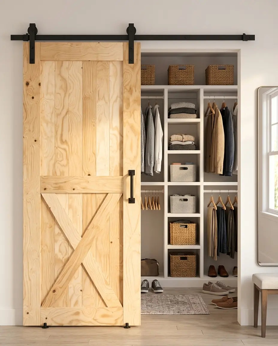 Classic unfinished wood barn door combo kit with black sliding hardware for a closet opening
