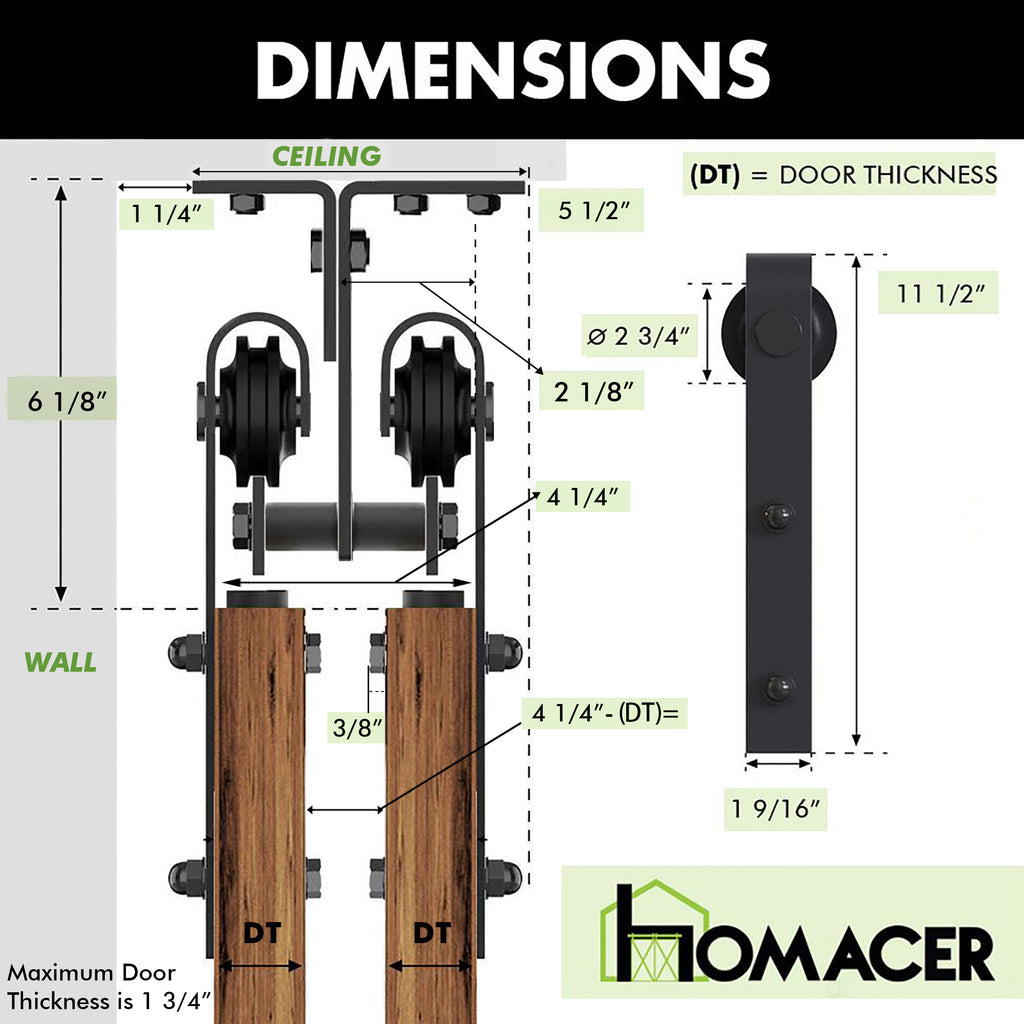 Homacer Black Rustic Ceiling Mount Double Track Bypass Sliding Barn Door Hardware Kit, For Two/Double Doors