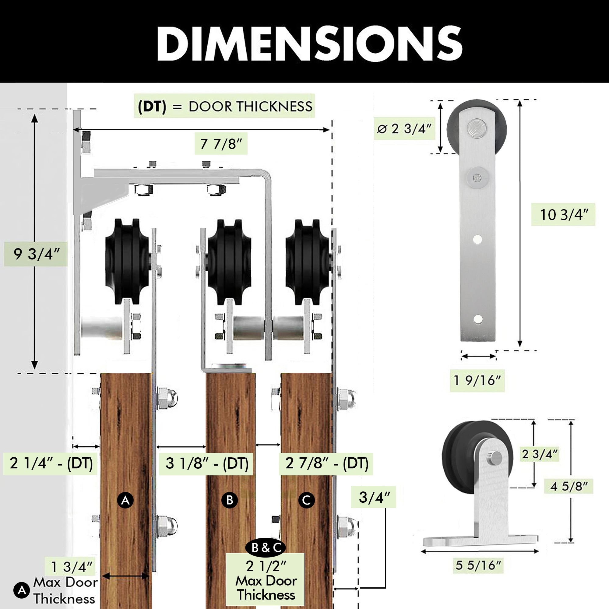 Brushed Nickel Triple Track Bypass Sliding Barn Door Hardware Kit - Straight Design (for Door Thickness 1-3/8in ~ 1-3/4in)