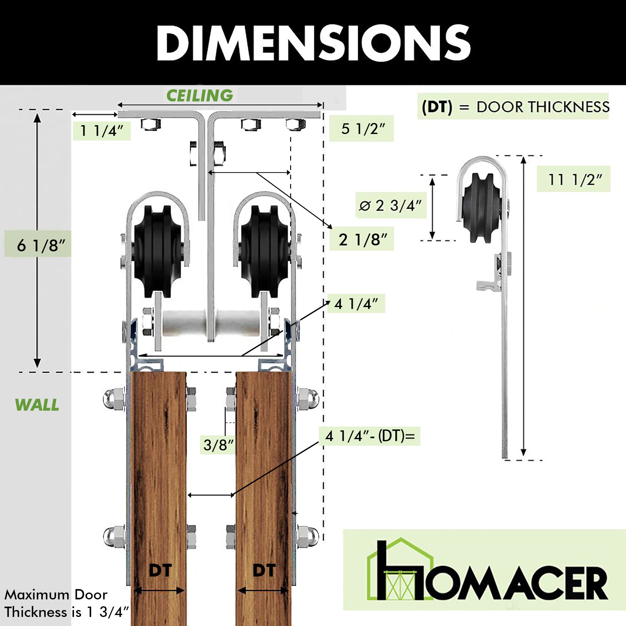 hardware side dimension of ceiling mount double track bypass barn door hardware