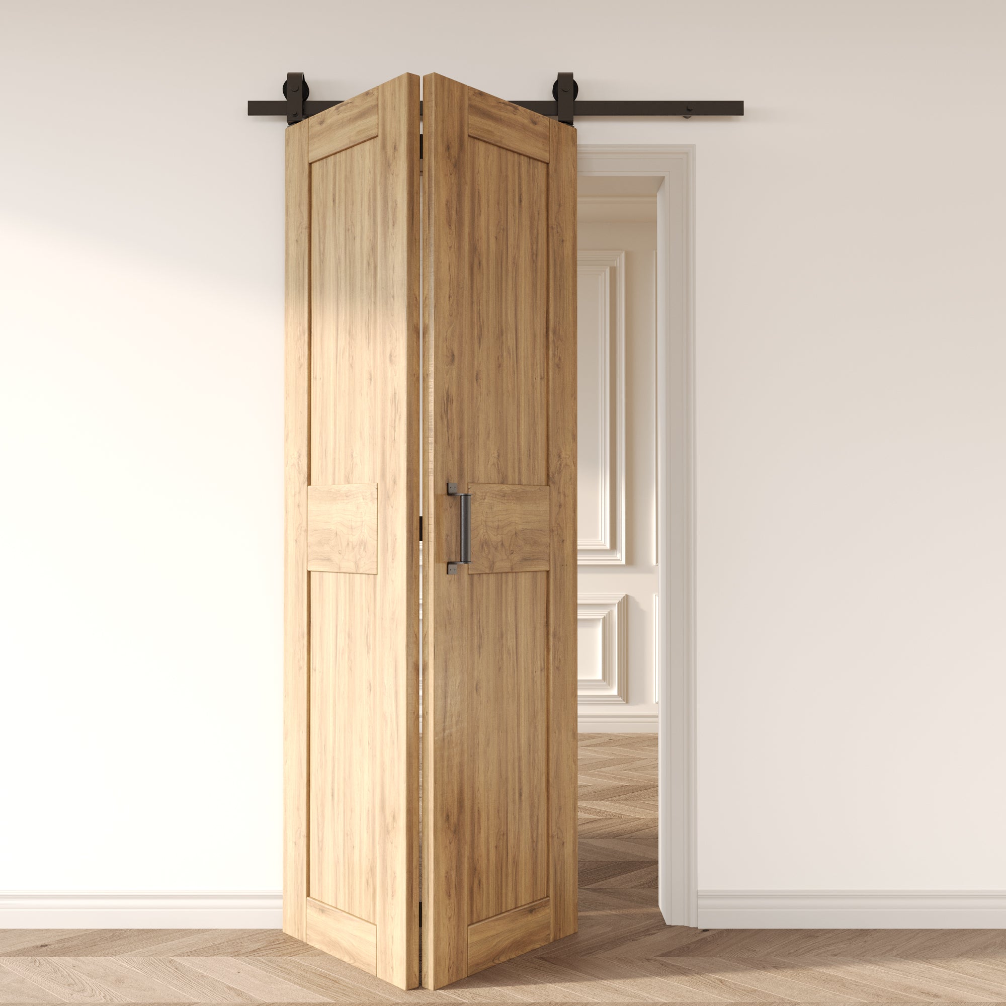 Bi-Folding Sliding Barn Door Hardware Top Mount Two Doors Kit - T-shape Design Roller (Doors Not Included)