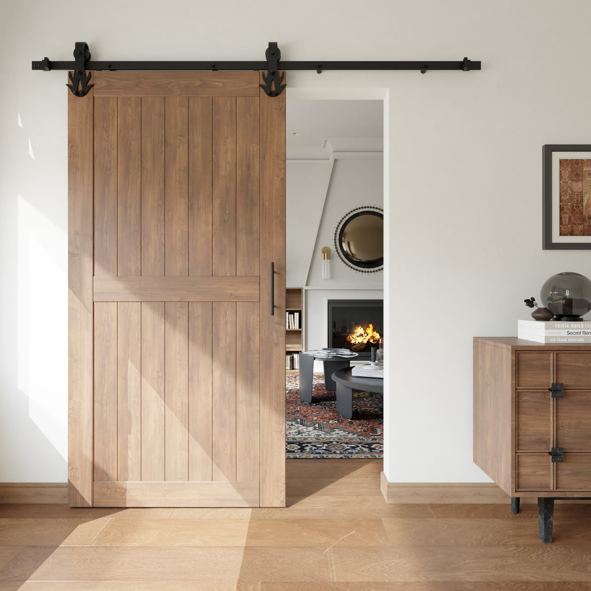 Non-Bypass Sliding Barn Door Hardware Kit - Flame Design Roller
