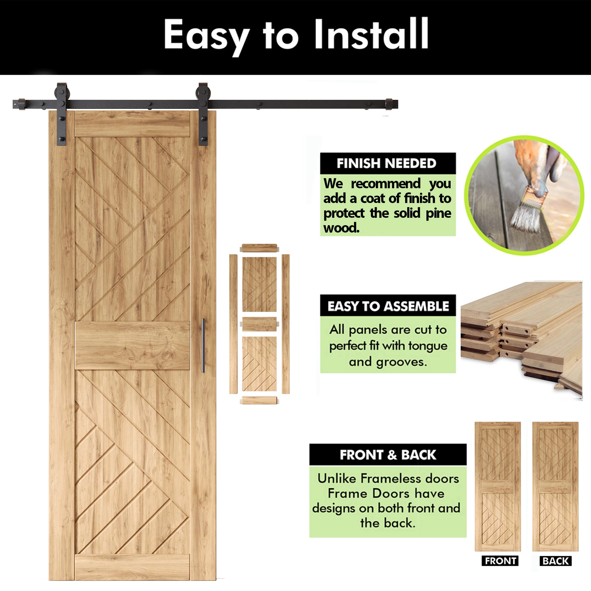 84" Height Geometric Design Unassembled & Unfinished Double Pine Wood Barn Door with Non-Bypass Installation Hardware Kit(Interior Use Only)