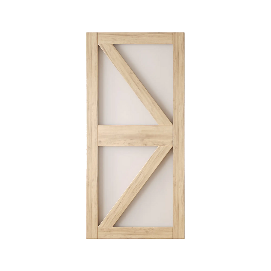 Arrow pattern frosted glass barn door with a pine frame