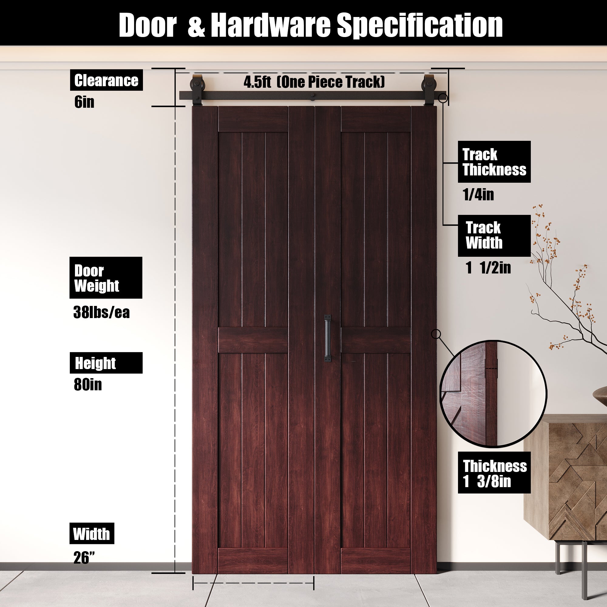 5-in-1 80in Red Mahogany Finished Barn Door with Bi-Fold Top Mount Hardware Kit - T-shape Roller