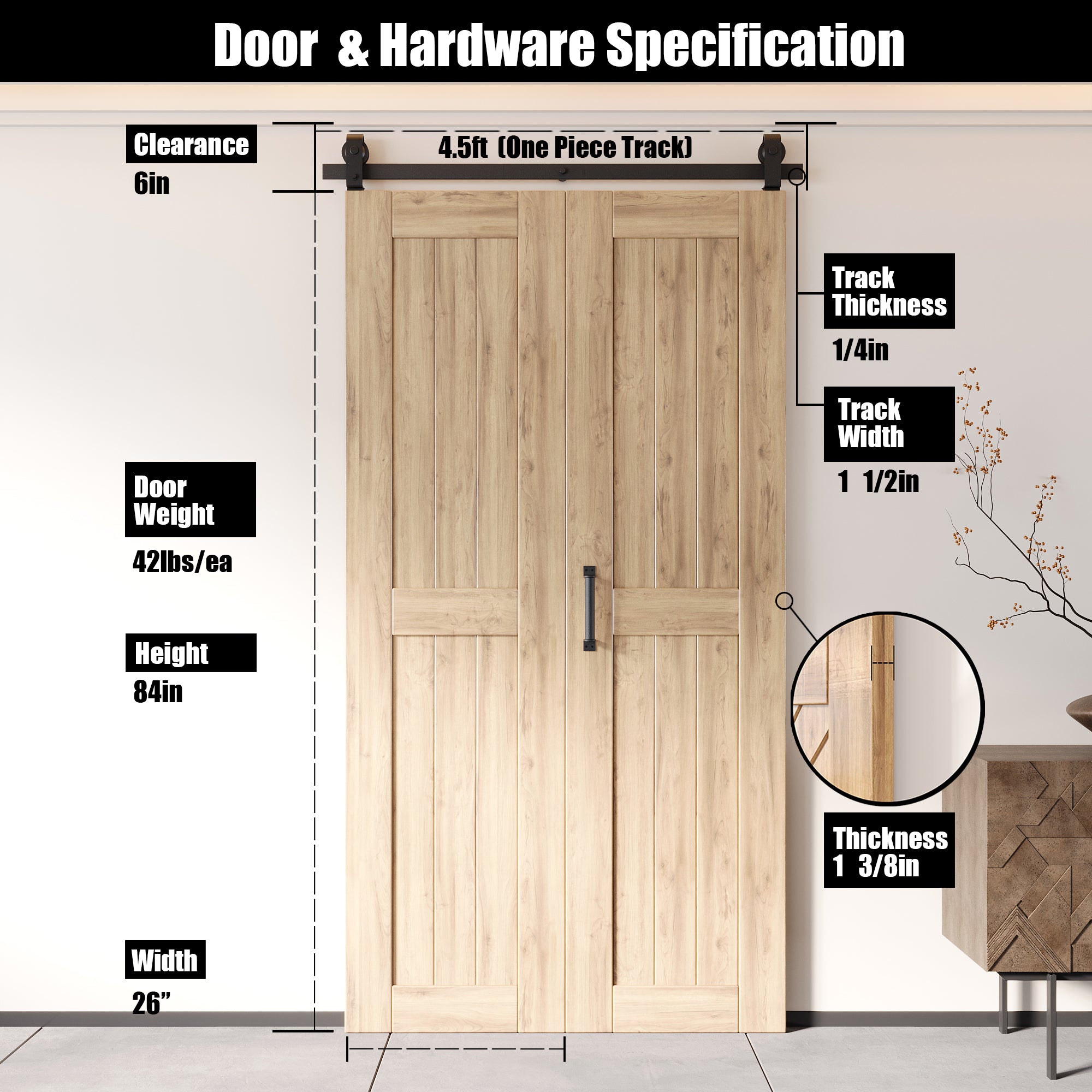 5-in-1 84in Unassembled & Unfinished Barn Door with Bi-Fold Top Mount Hardware Kit - T-shape Roller