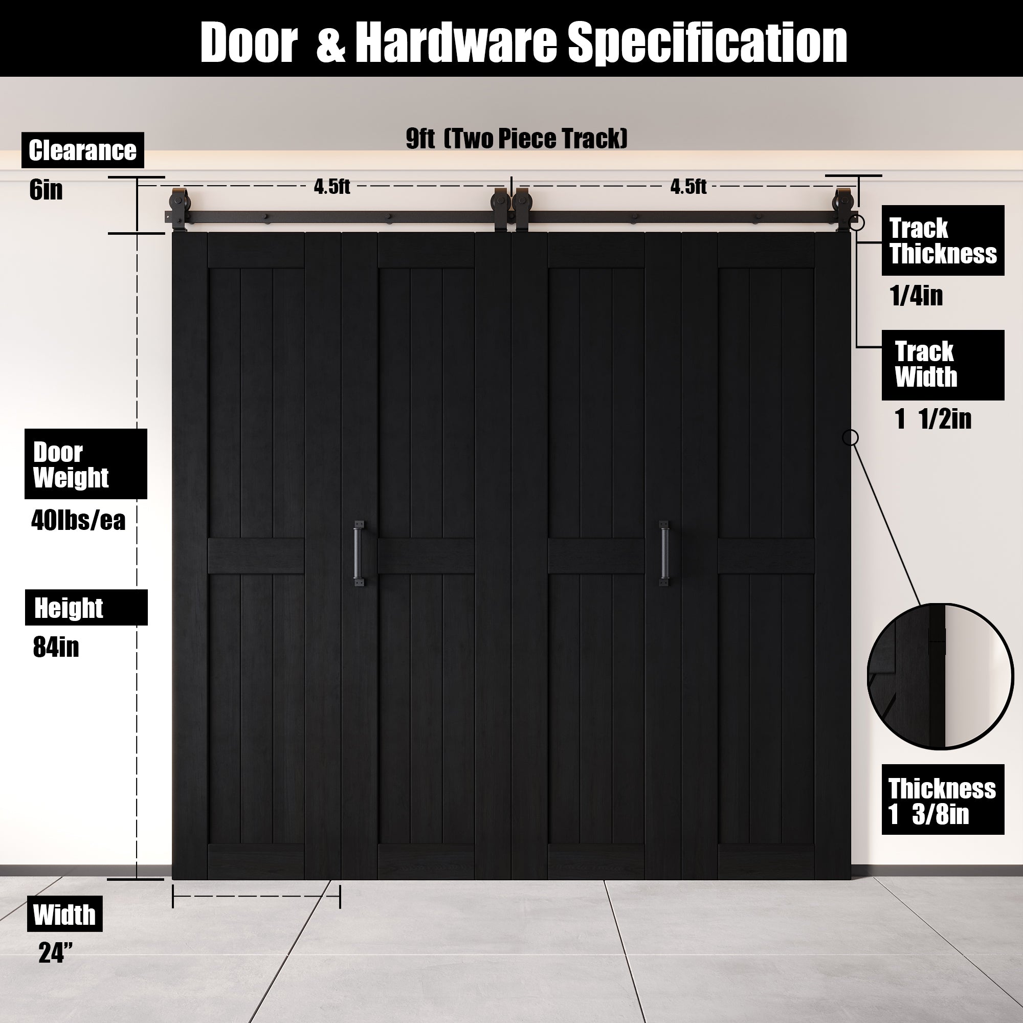 5-in-1 84in Black Finished Barn Door with Bi-Fold Top Mount Hardware 4 Door Kit - T-shape Roller