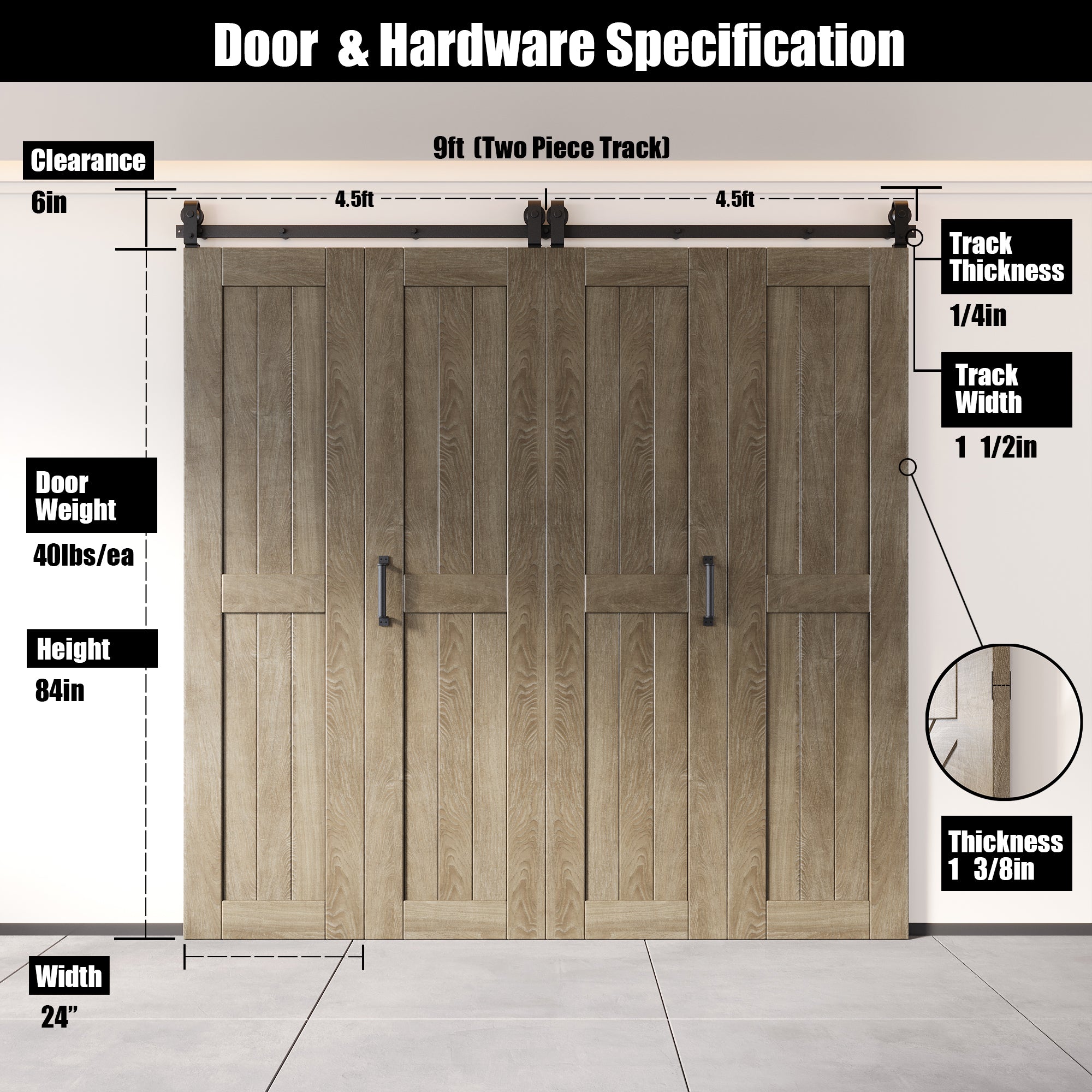 5-in-1 84in Classic Gray Finished Barn Door with Bi-Fold Top Mount Hardware 4 Door Kit - T-shape Roller