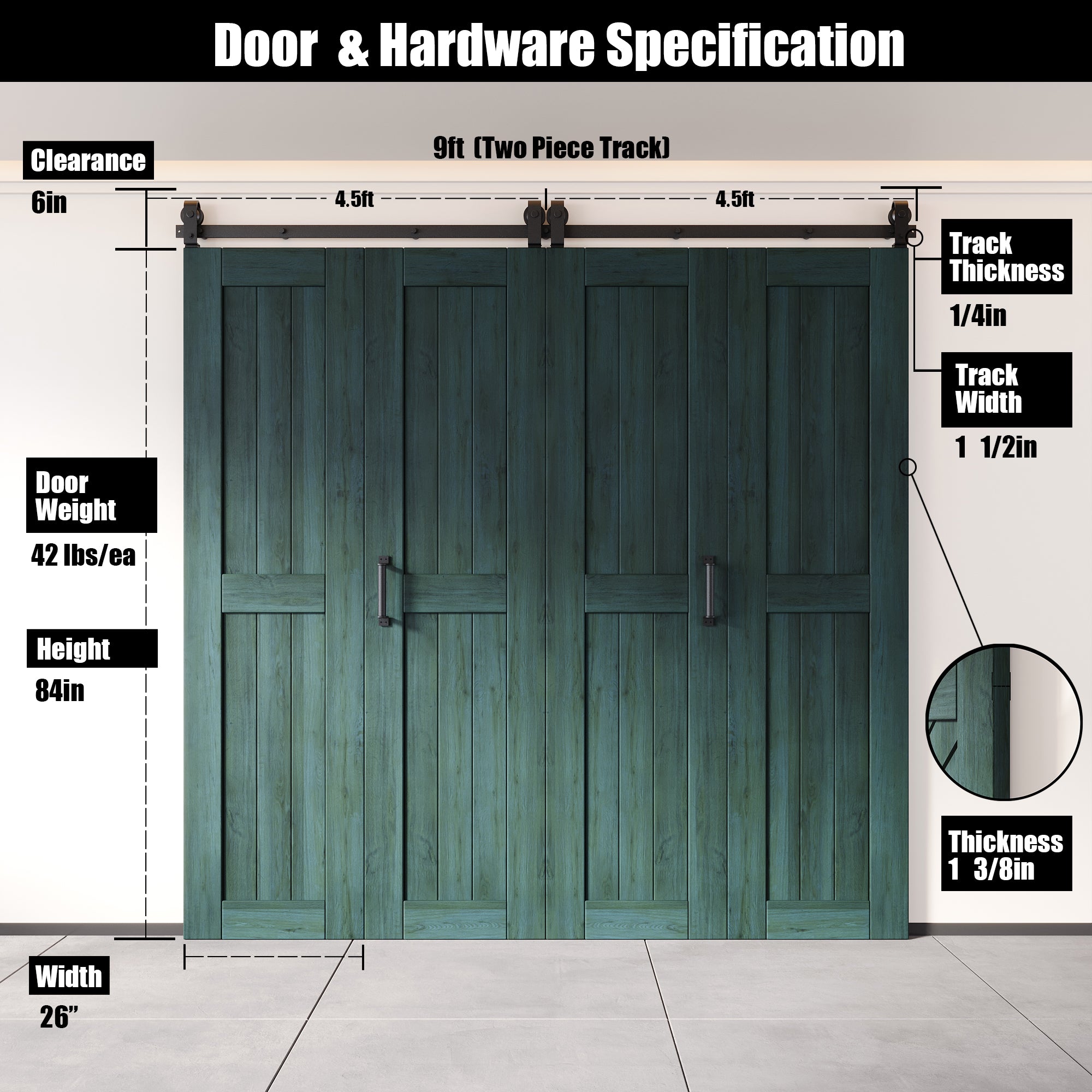 5-in-1 84in Royal Pine Finished Barn Door with Bi-Fold Top Mount Hardware 4 Door Kit - T-shape Roller