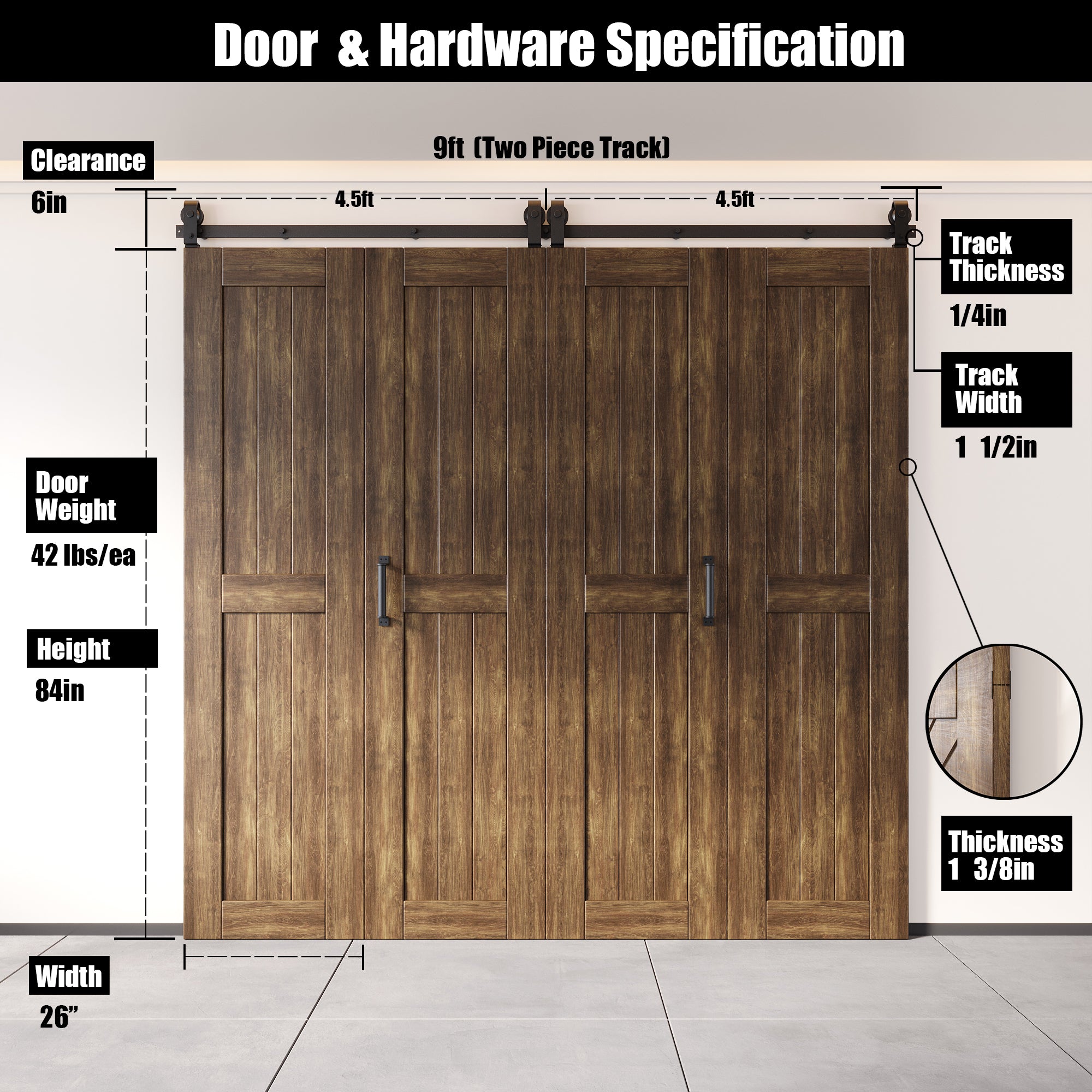 5-in-1 84in Dark Walnut Finished Barn Door with Bi-Fold Top Mount Hardware 4 Door Kit - T-shape Roller