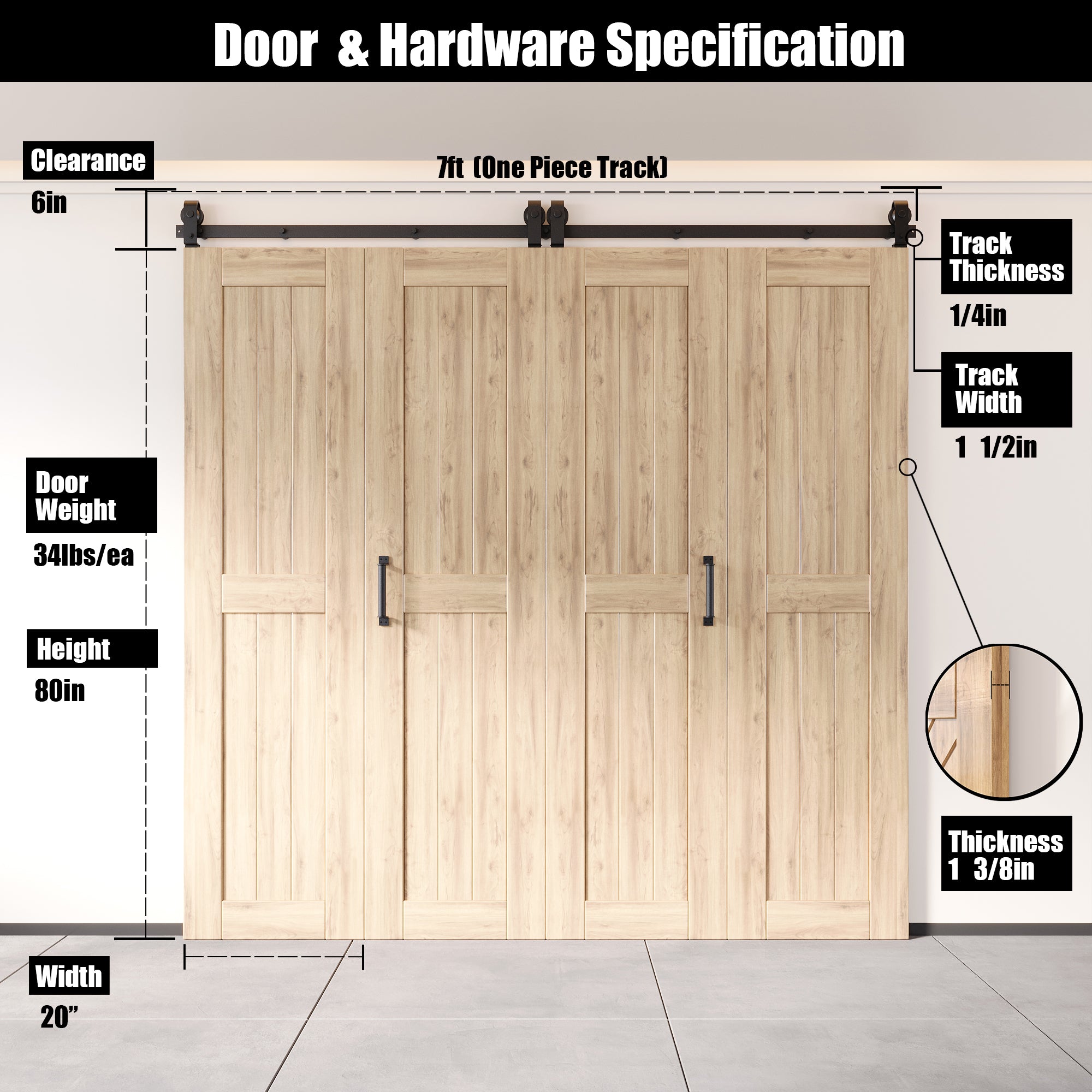 5-in-1 80in Unassembled & Unfinished Barn Door with Bi-Fold Top Mount Hardware 4 Door Kit - T-shape Roller
