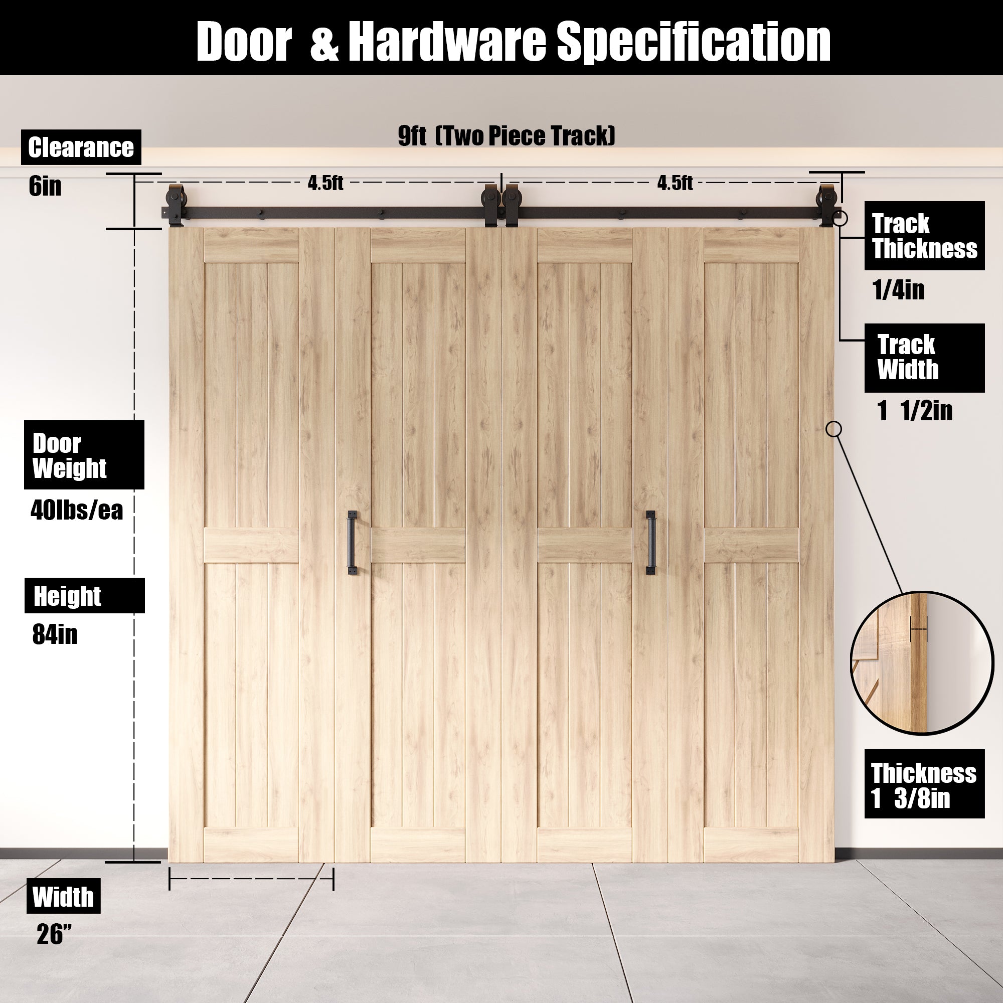 Bi-Folding Barn Door Hardware Top Mount Kit – T-Shape Roller Two Doors