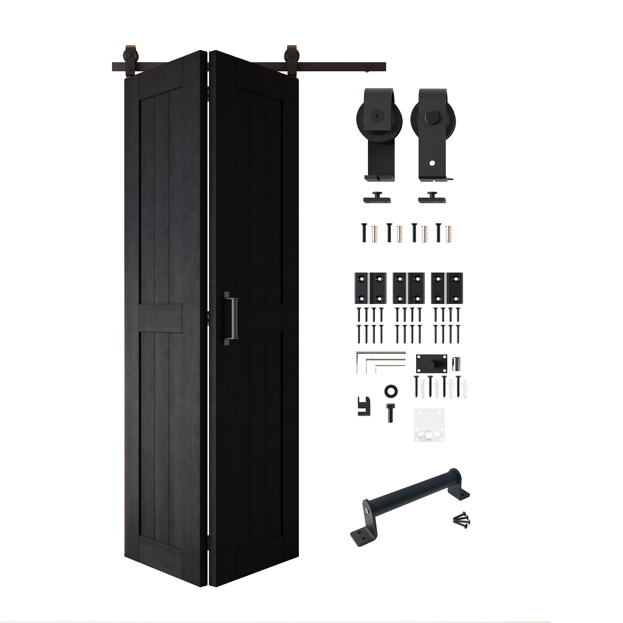 5-in-1 80in Black Finished Barn Door with Bi-Fold Top Mount Hardware Kit - T-shape Roller