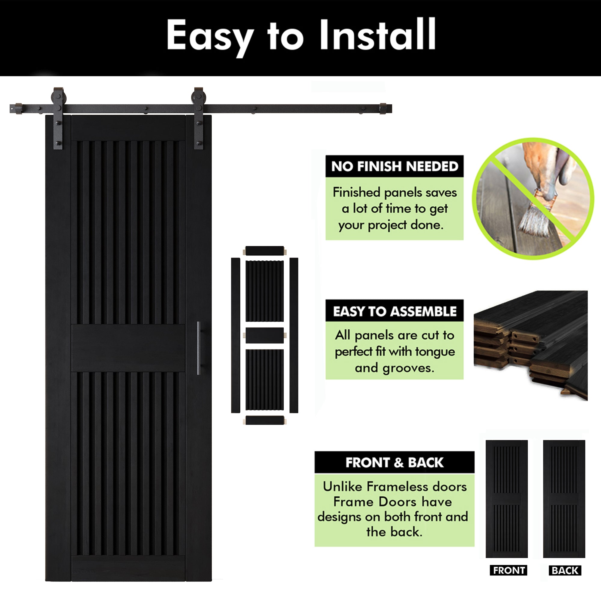 84" Height Black Vertical Stripe Design Unassembled & Finished Double Pine Wood Barn Door with Non-Bypass Installation Hardware Kit(Interior Use Only)