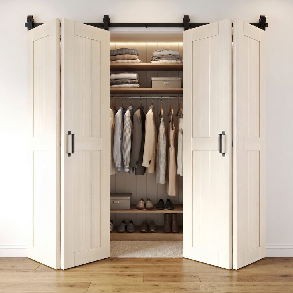 Bi-fold wood barn door combo kit with black sliding hardware installed in front of a closet opening
