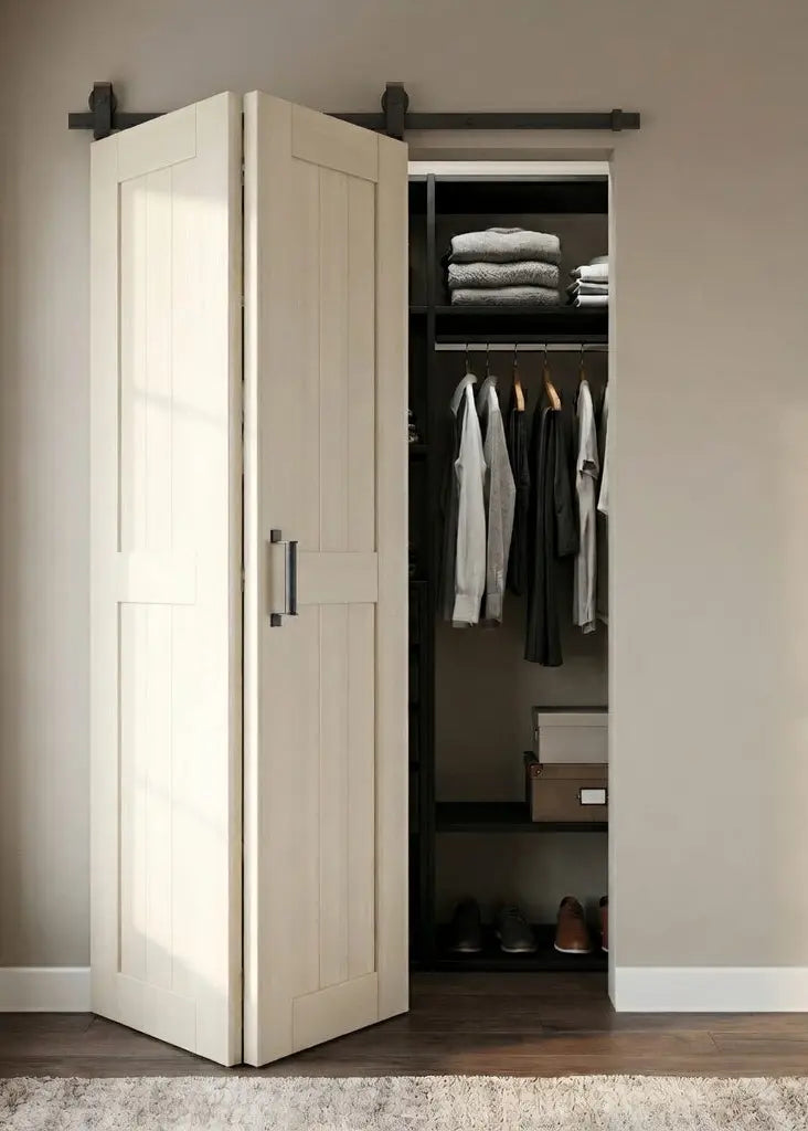 White bi-fold barn door combo kit with sliding hardware for a closet opening